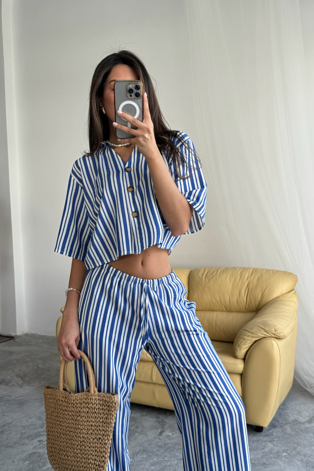 ÇİZGİLİ CROP GÖMLEK - SALAŞ PANTOLON TAKIM MODAL - Mavi