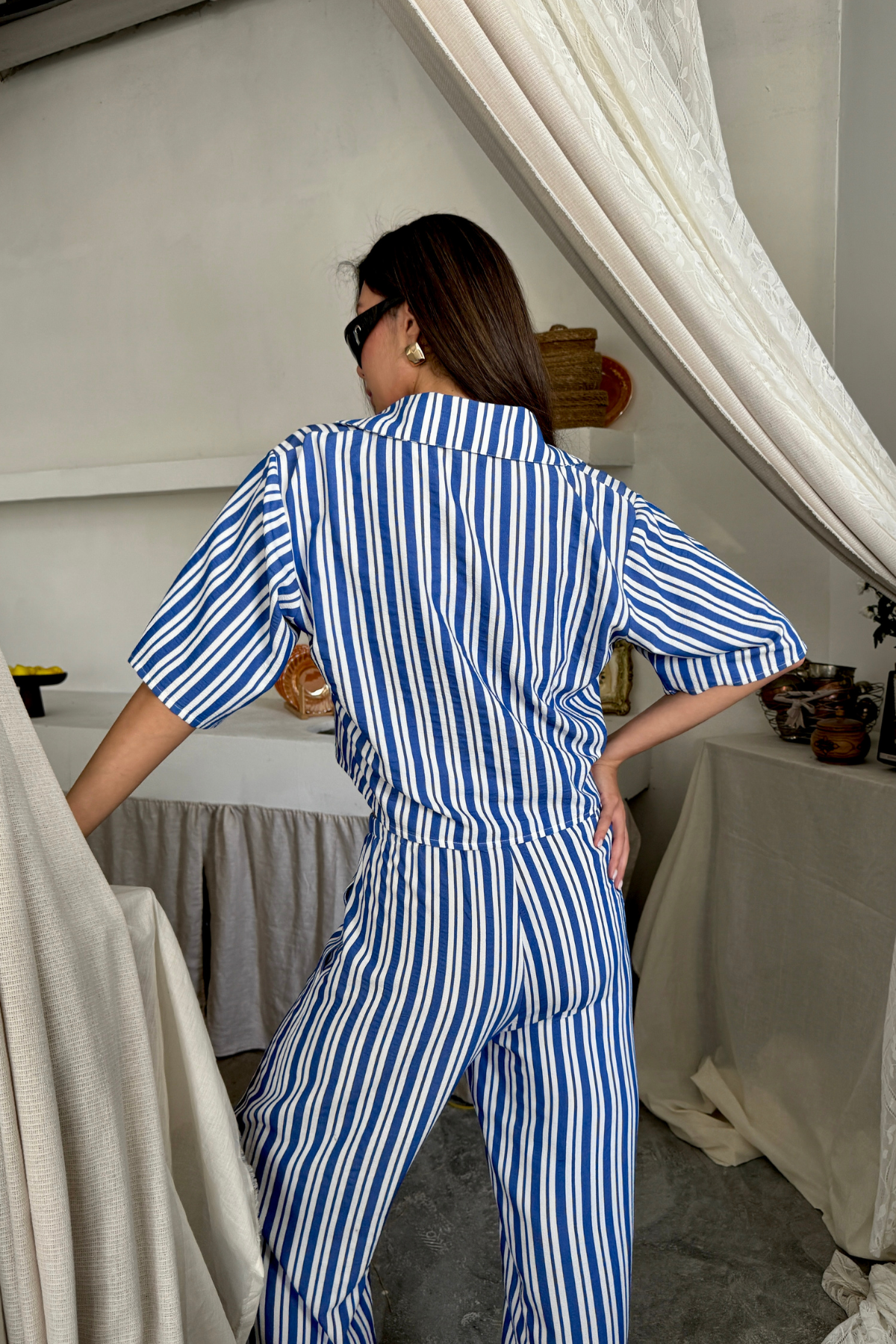 ÇİZGİLİ CROP GÖMLEK - SALAŞ PANTOLON TAKIM MODAL - Mavi