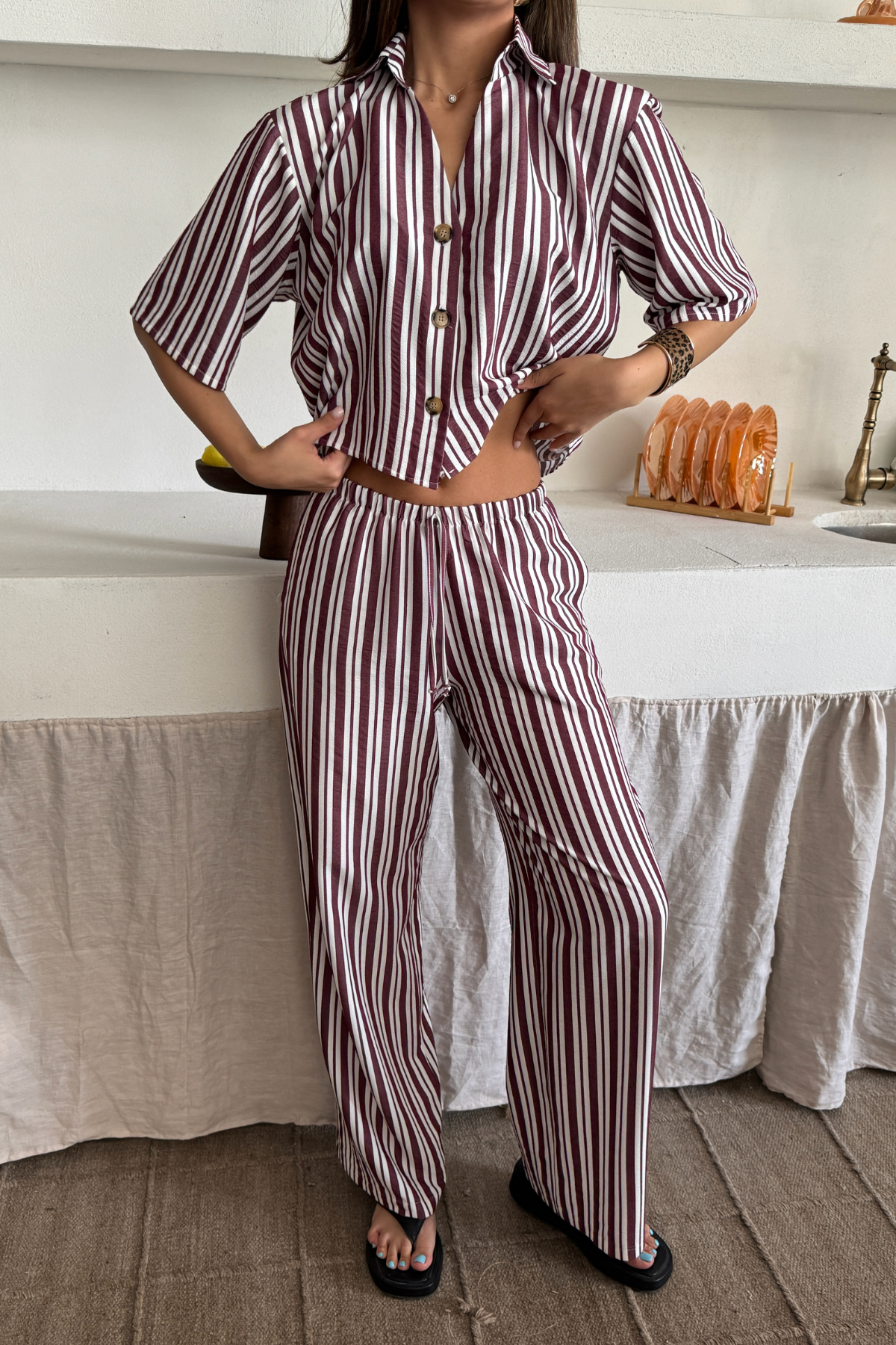 ÇİZGİLİ CROP GÖMLEK - SALAŞ PANTOLON TAKIM MODAL - Bordo