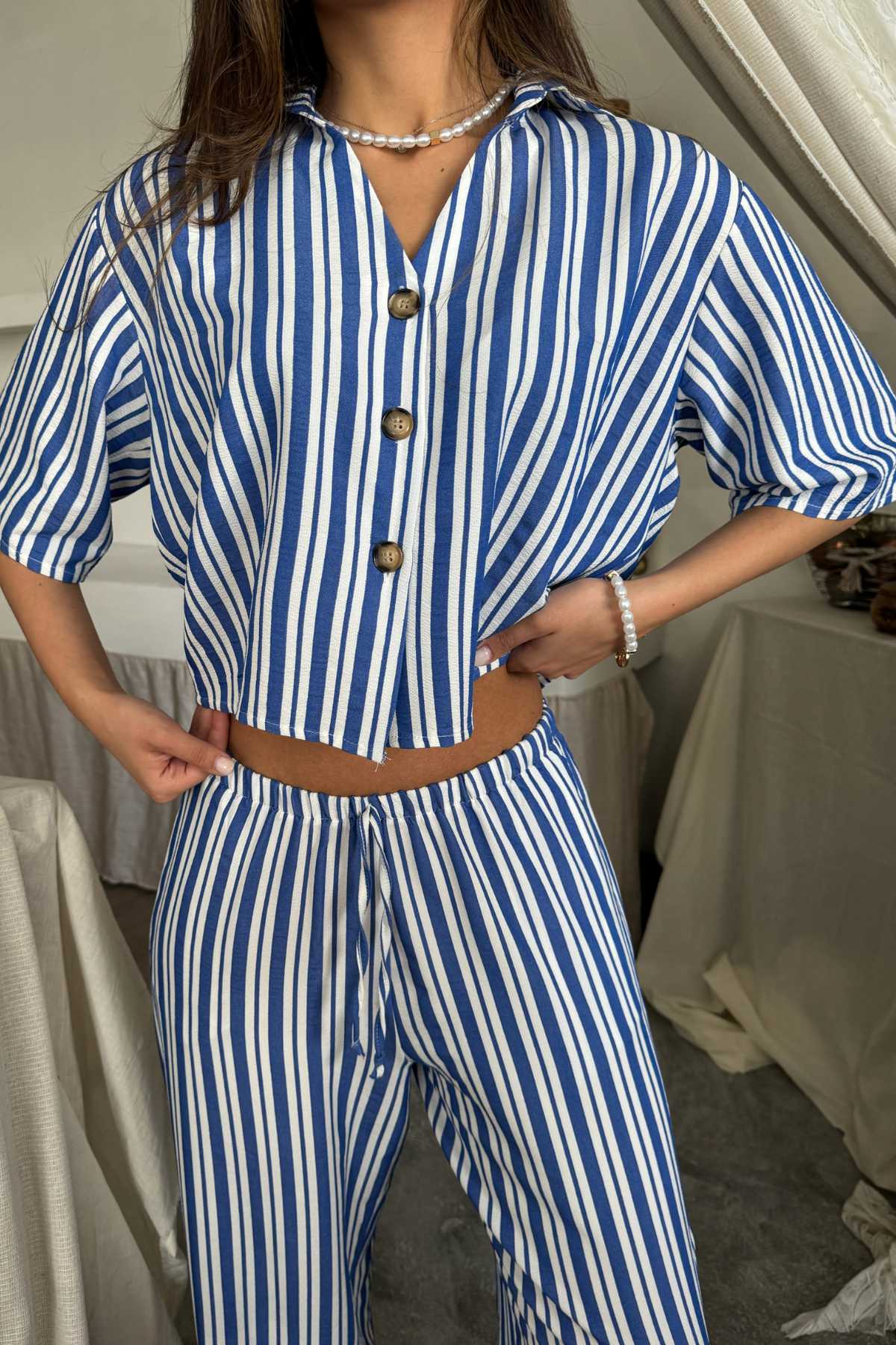 ÇİZGİLİ CROP GÖMLEK - SALAŞ PANTOLON TAKIM MODAL - Mavi