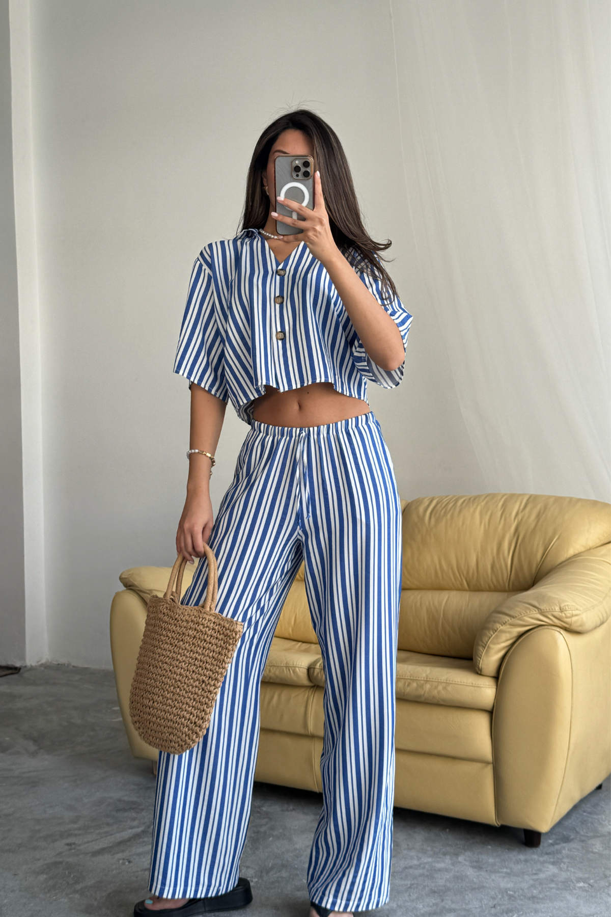 ÇİZGİLİ CROP GÖMLEK - SALAŞ PANTOLON TAKIM MODAL - Mavi