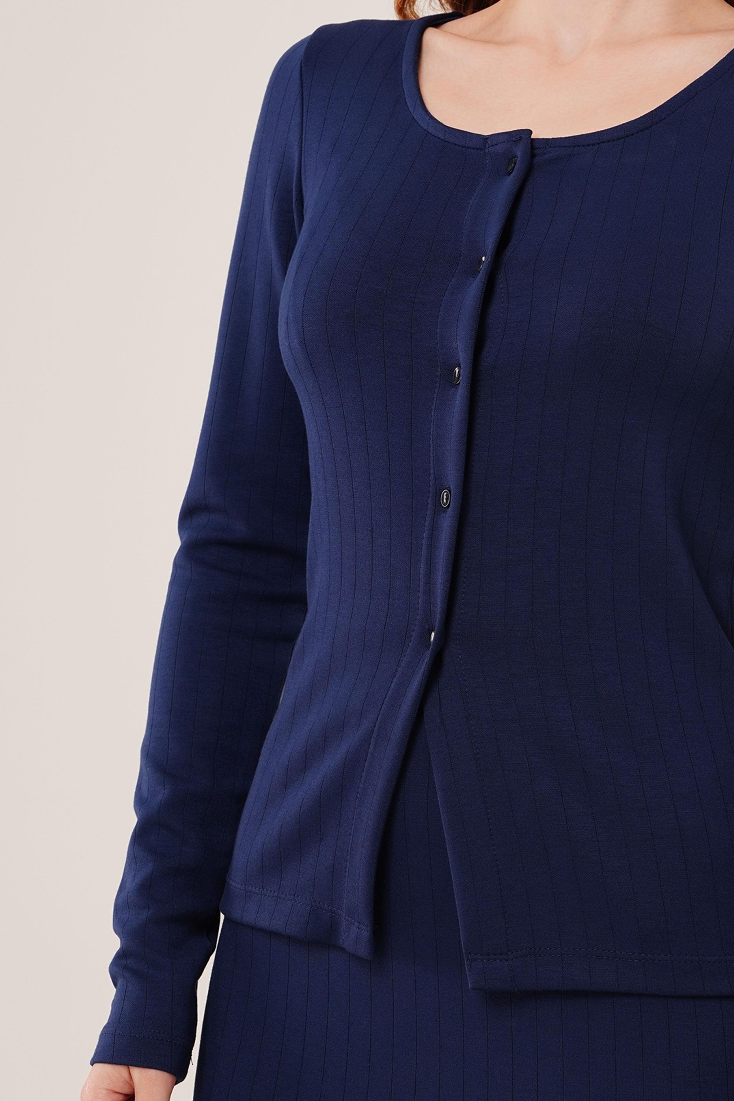 Çizgili Etek Düğmeli Bluz Toptan Lacivert Takım