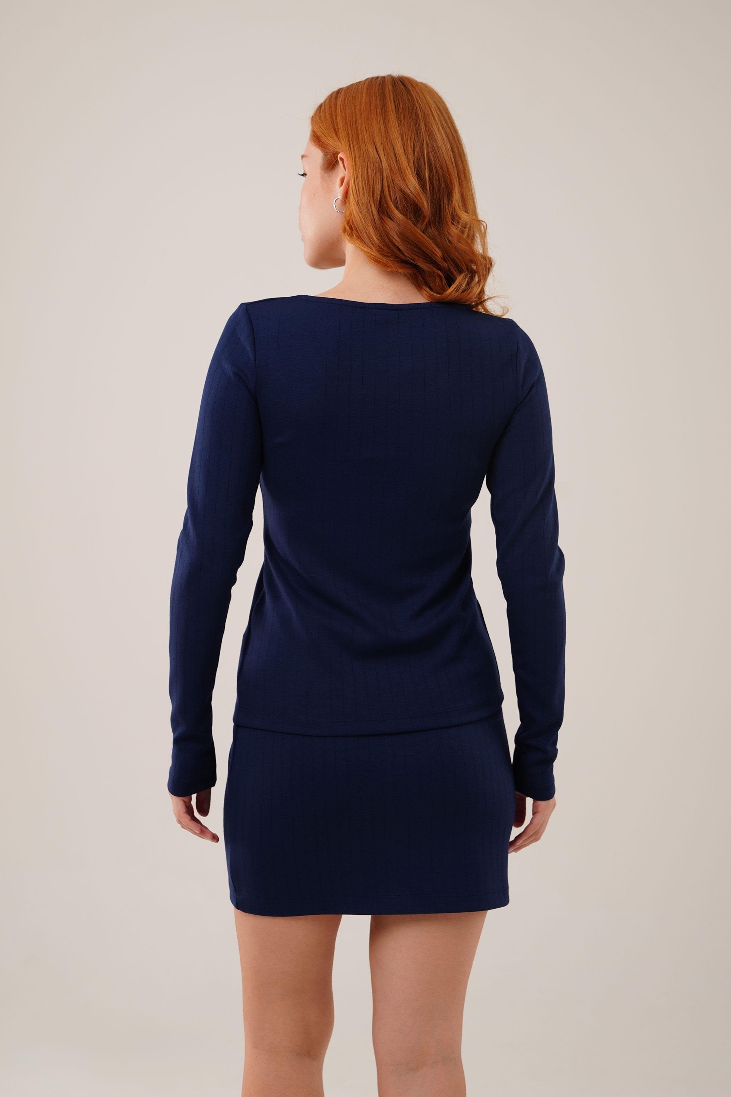 Çizgili Etek Düğmeli Bluz Toptan Lacivert Takım