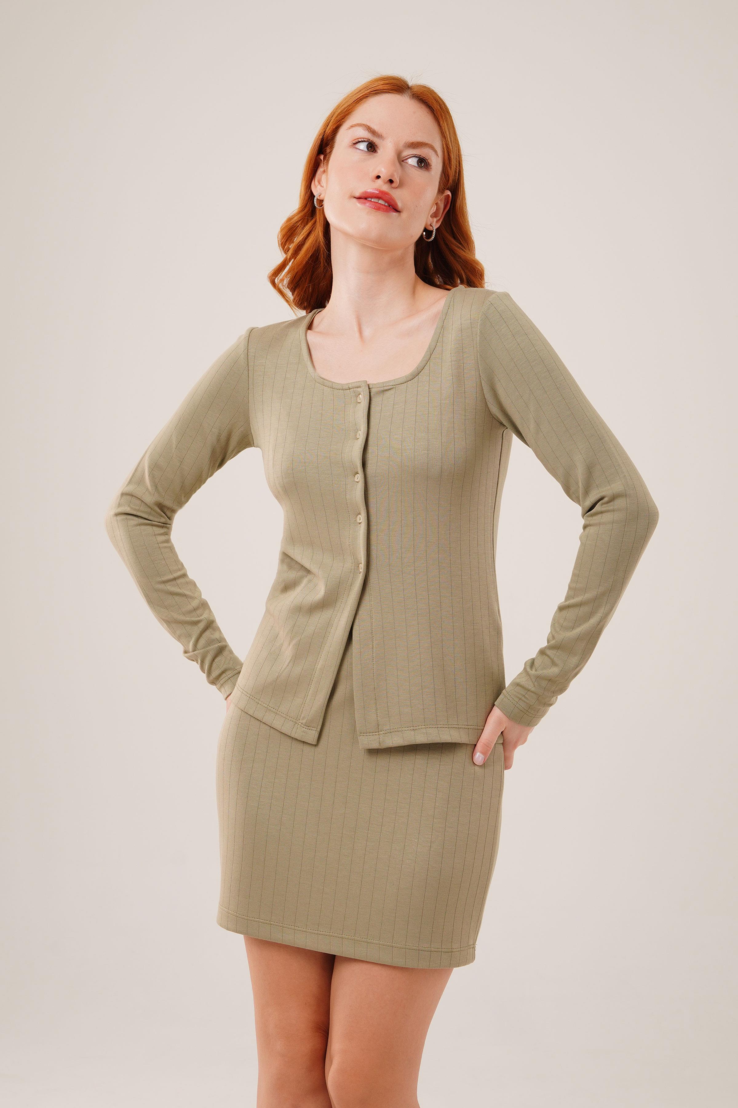 Çizgili Etek Düğmeli Bluz Toptan Haki Takım