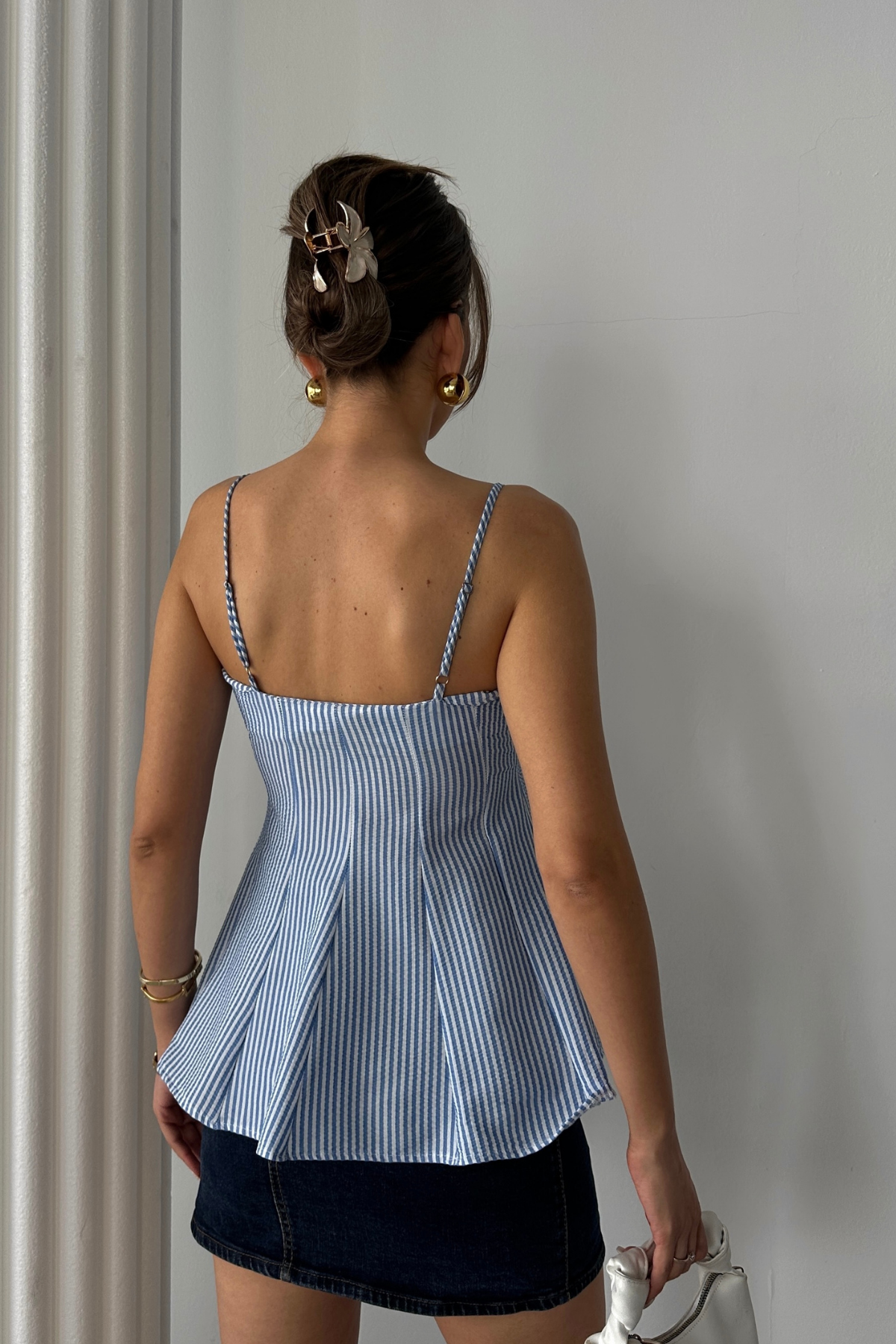 ÇİZGİLİ GOFRE ASKILI PENS DETAYLI BLUZ - Mavi