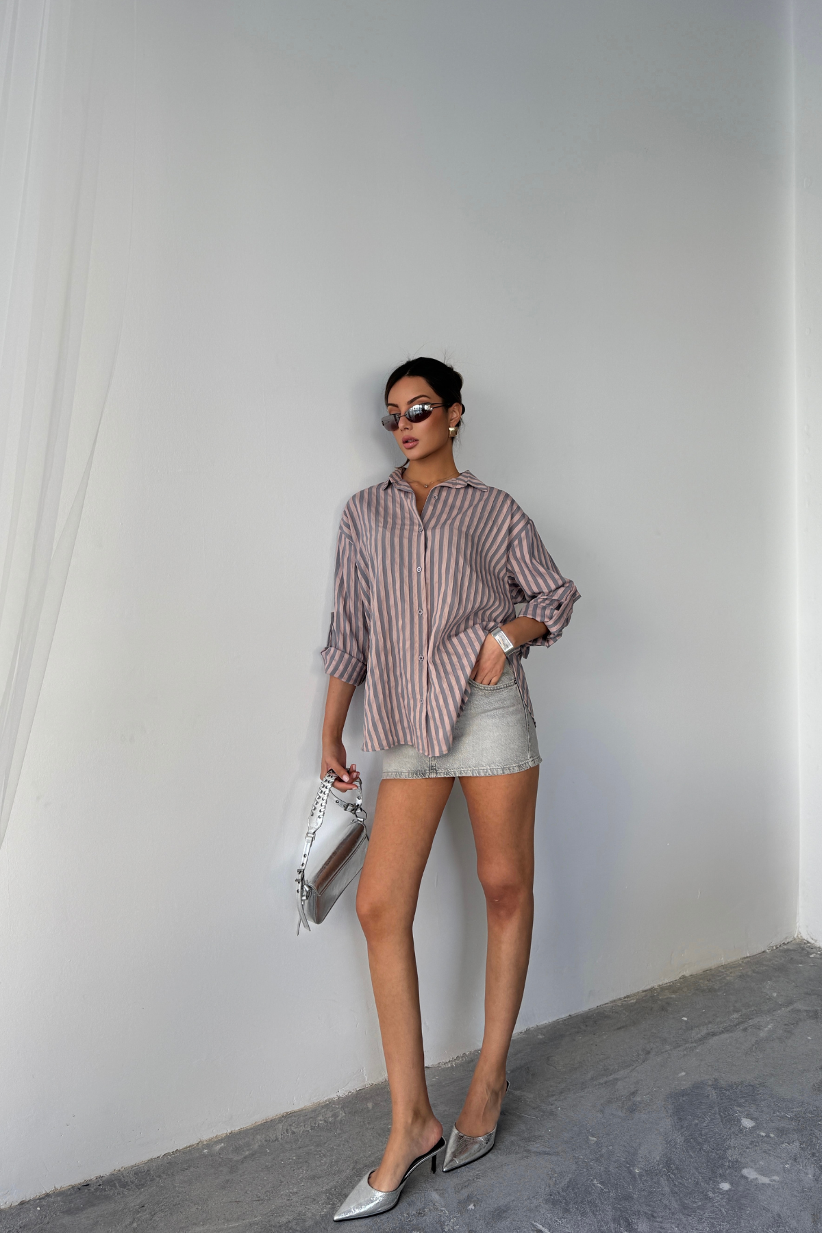 ÇİZGİLİ GÖMLEK  KETEN - Antrasit