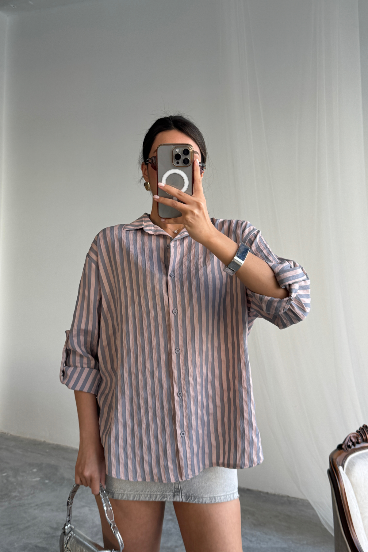 ÇİZGİLİ GÖMLEK  KETEN - Antrasit