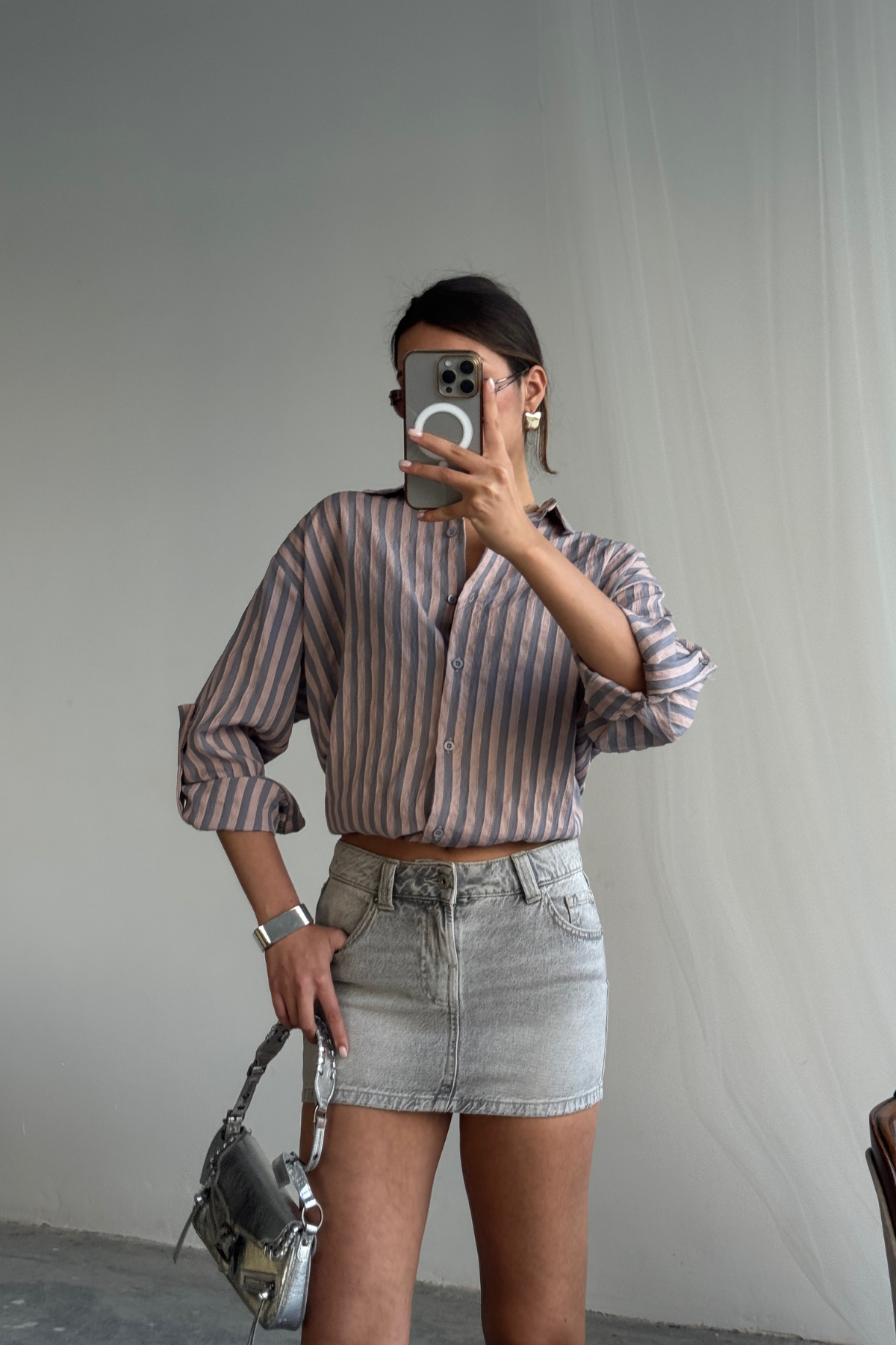 ÇİZGİLİ GÖMLEK  KETEN - Antrasit