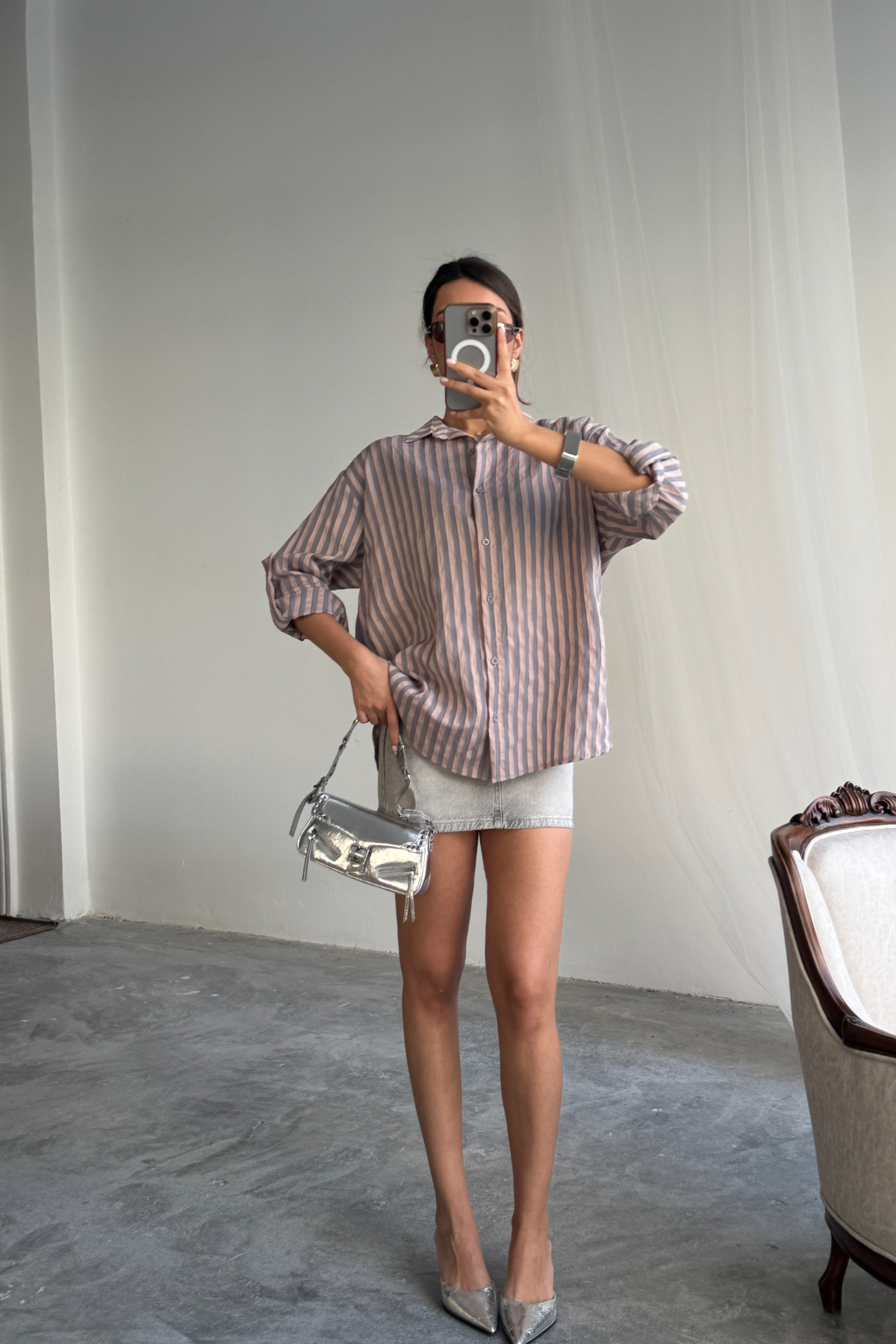 ÇİZGİLİ GÖMLEK  KETEN - Antrasit