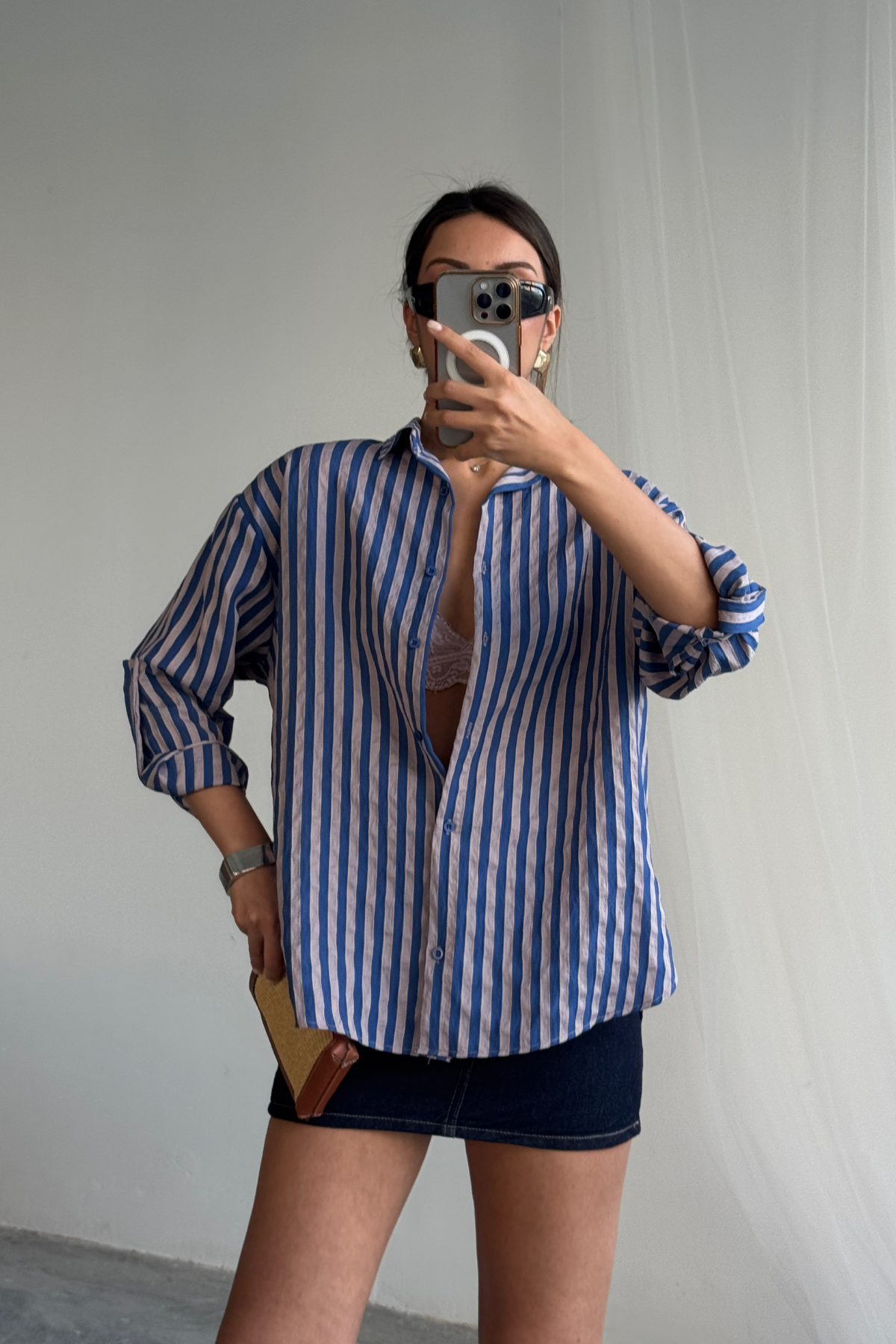 ÇİZGİLİ GÖMLEK  KETEN - Lacivert