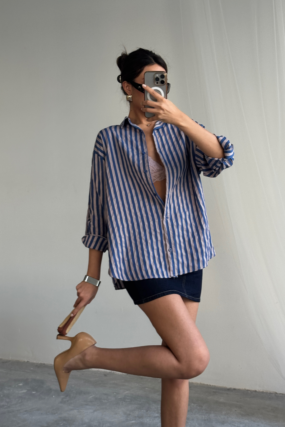 ÇİZGİLİ GÖMLEK  KETEN - Lacivert