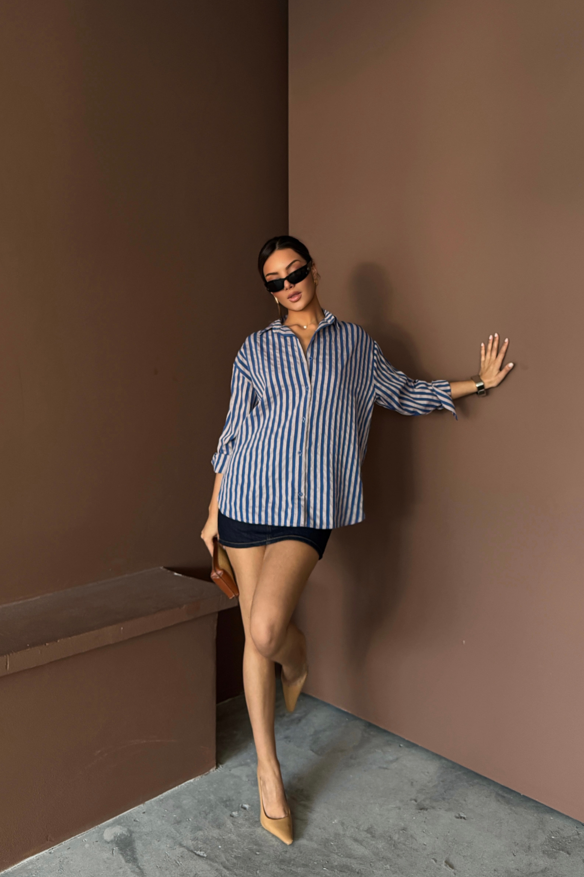 ÇİZGİLİ GÖMLEK  KETEN - Lacivert