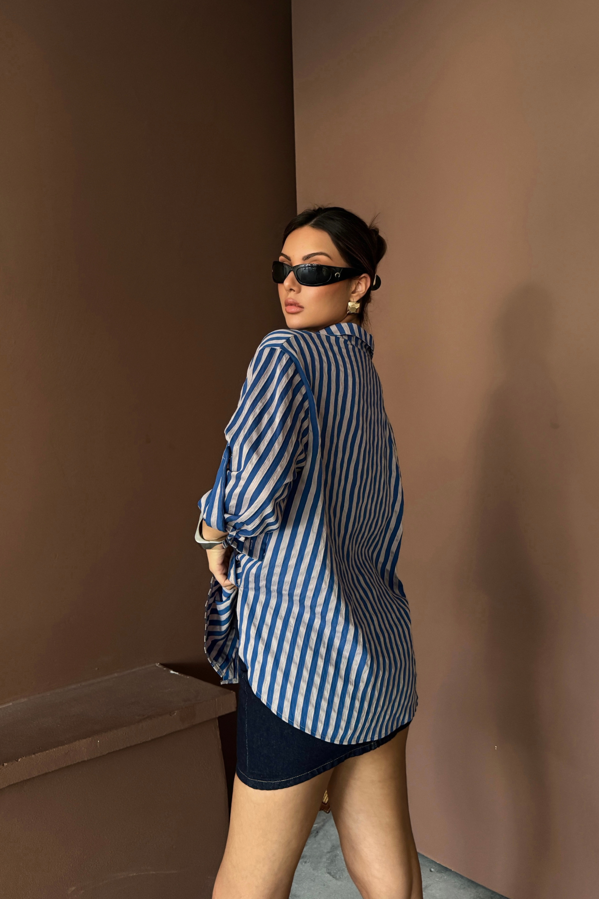 ÇİZGİLİ GÖMLEK  KETEN - Lacivert