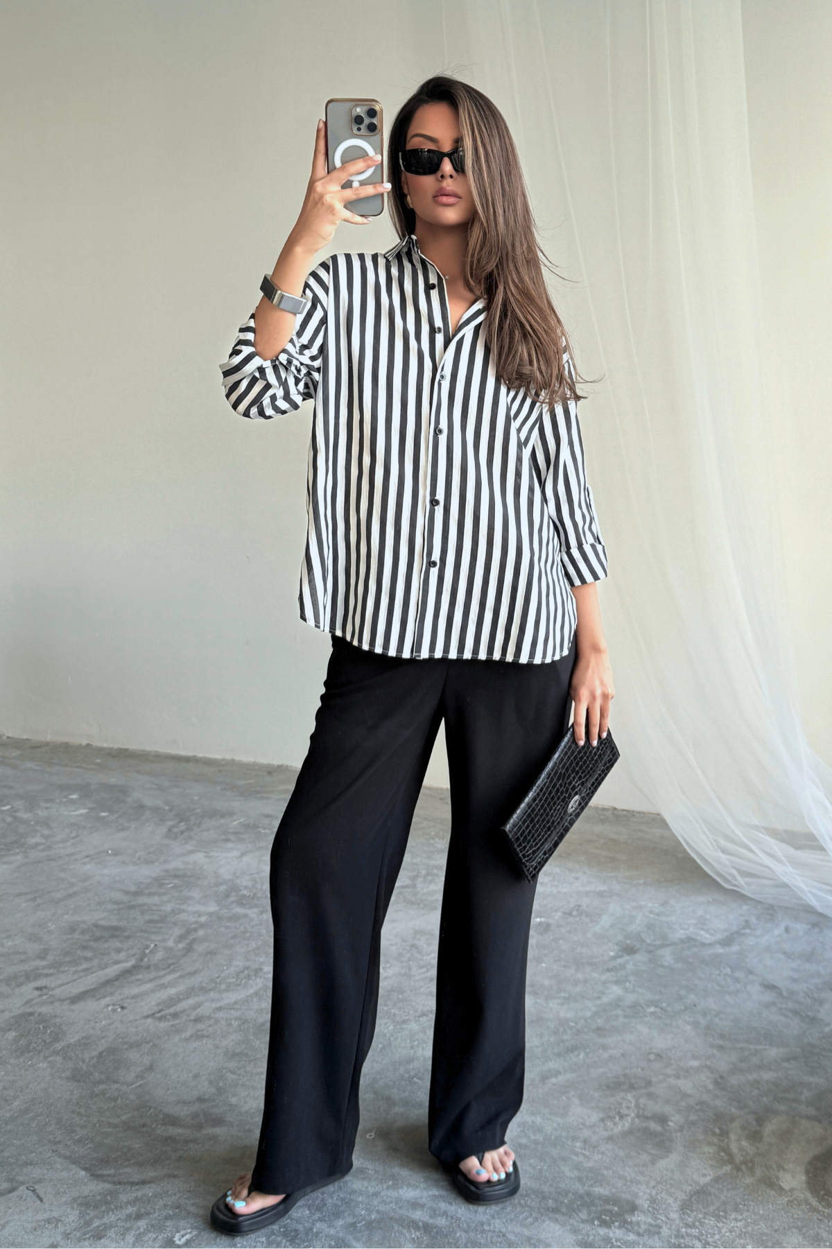 ÇİZGİLİ GÖMLEK  KETEN - Siyah