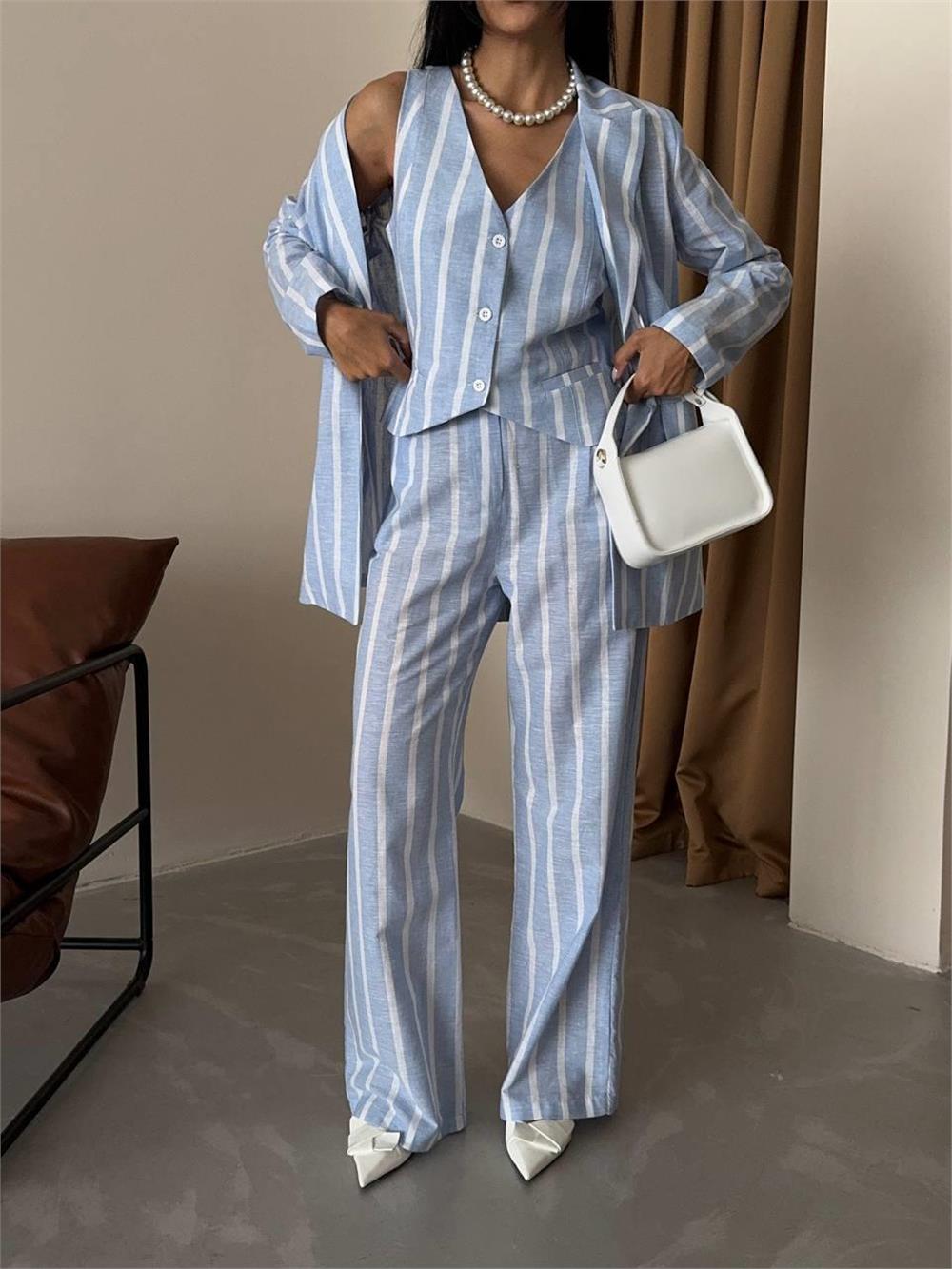 ÇİZGİLİ KETEN YELEK-PANTOLON TAKIM - Mavi