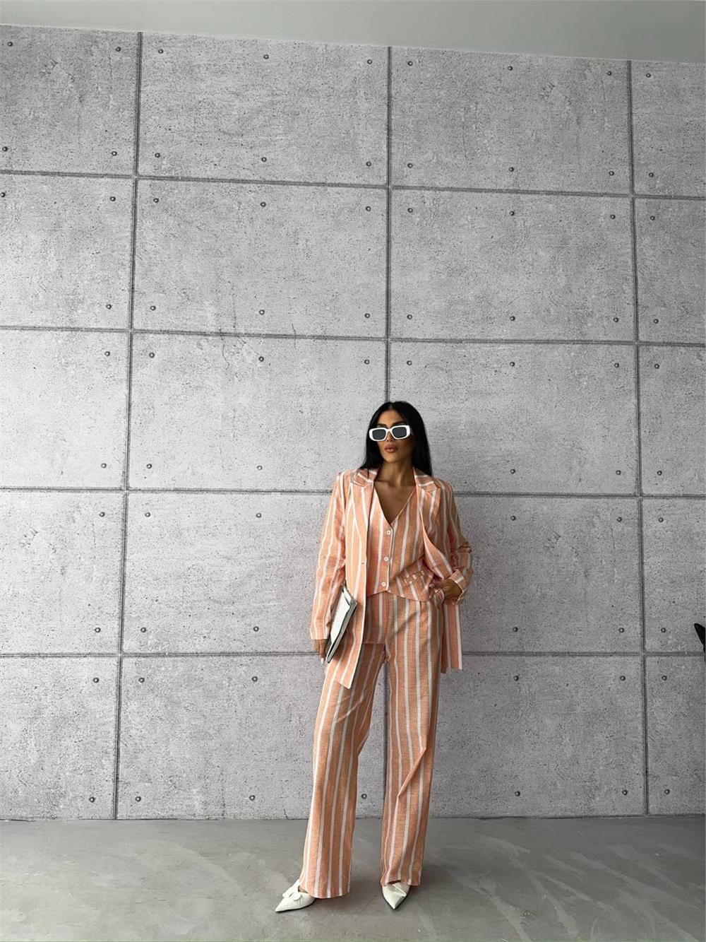 ÇİZGİLİ KETEN YELEK-PANTOLON TAKIM - Orange