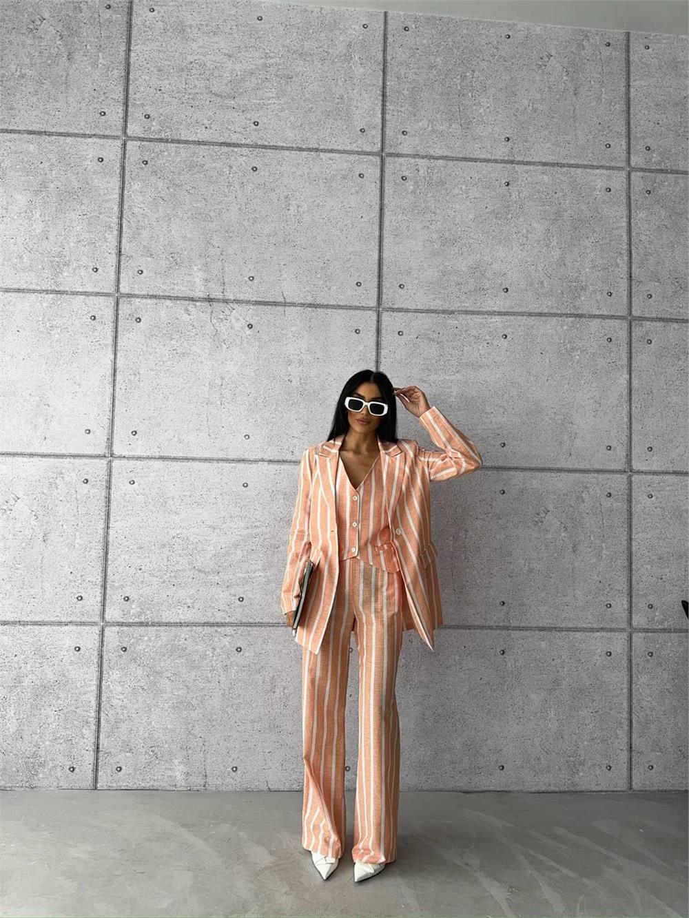 ÇİZGİLİ KETEN YELEK-PANTOLON TAKIM - Orange