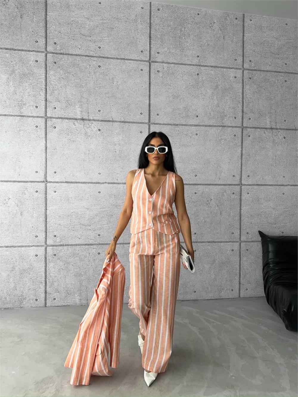 ÇİZGİLİ KETEN YELEK-PANTOLON TAKIM - Orange