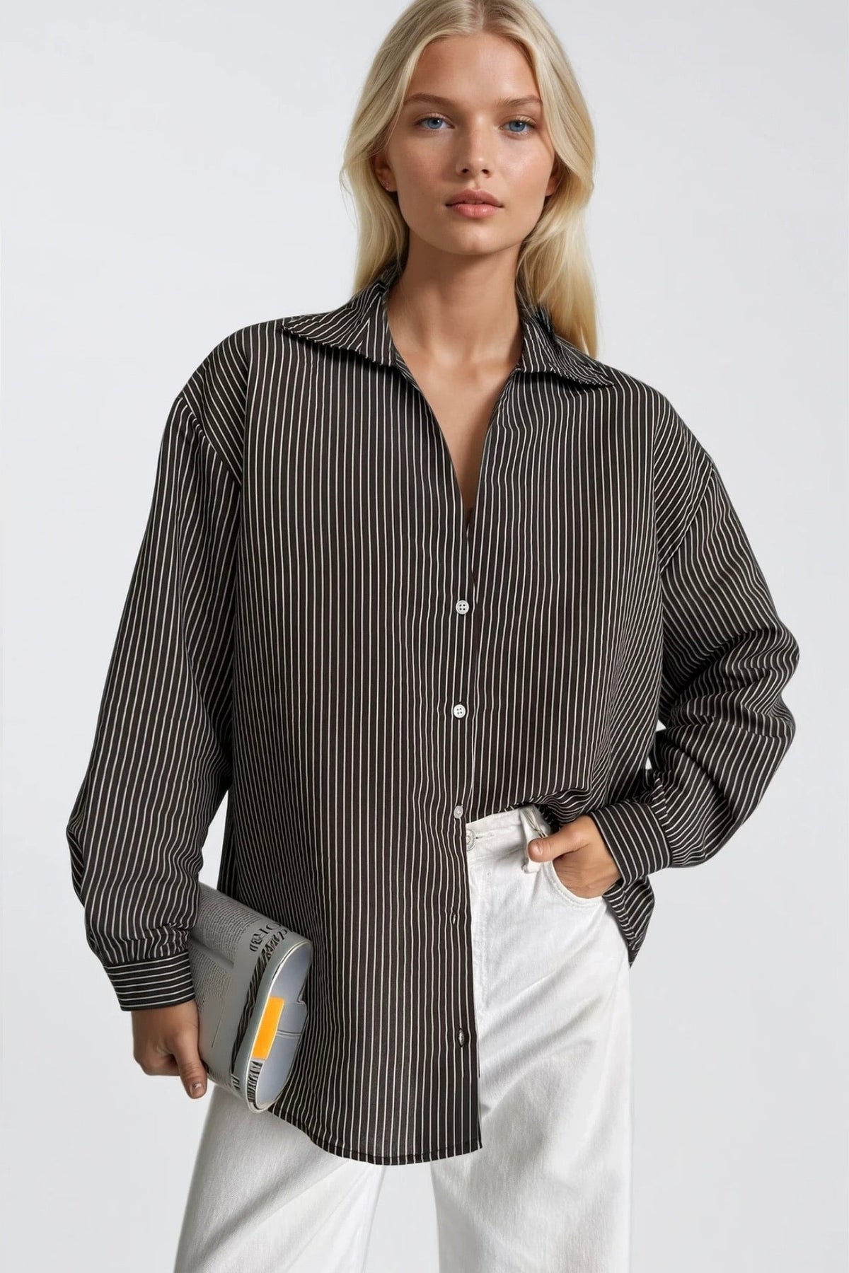 Çizgili Oversize Gömlek - Haki