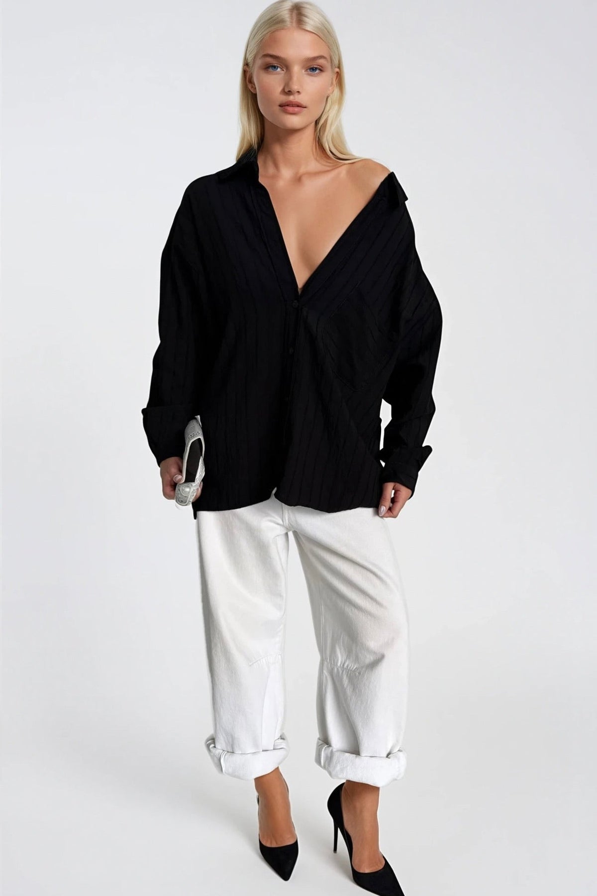 Çizgili Oversize Modal Gömlek - Vizon