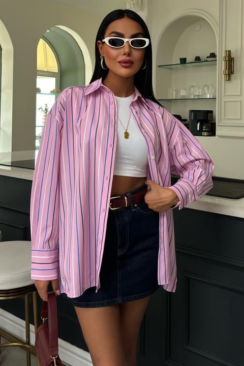Çizgili Pembe Poplin Gömlek 3451 PEMBE L