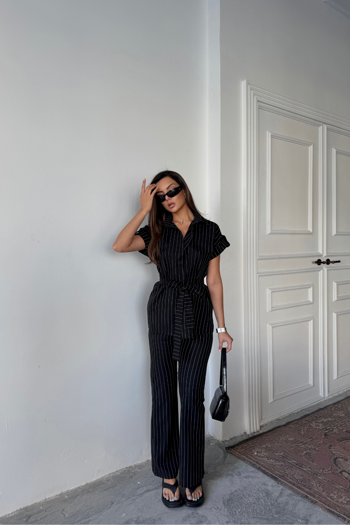 ÇİZGİLİ POLYVİSKON BLUZ - PANTOLON TAKIM - Siyah