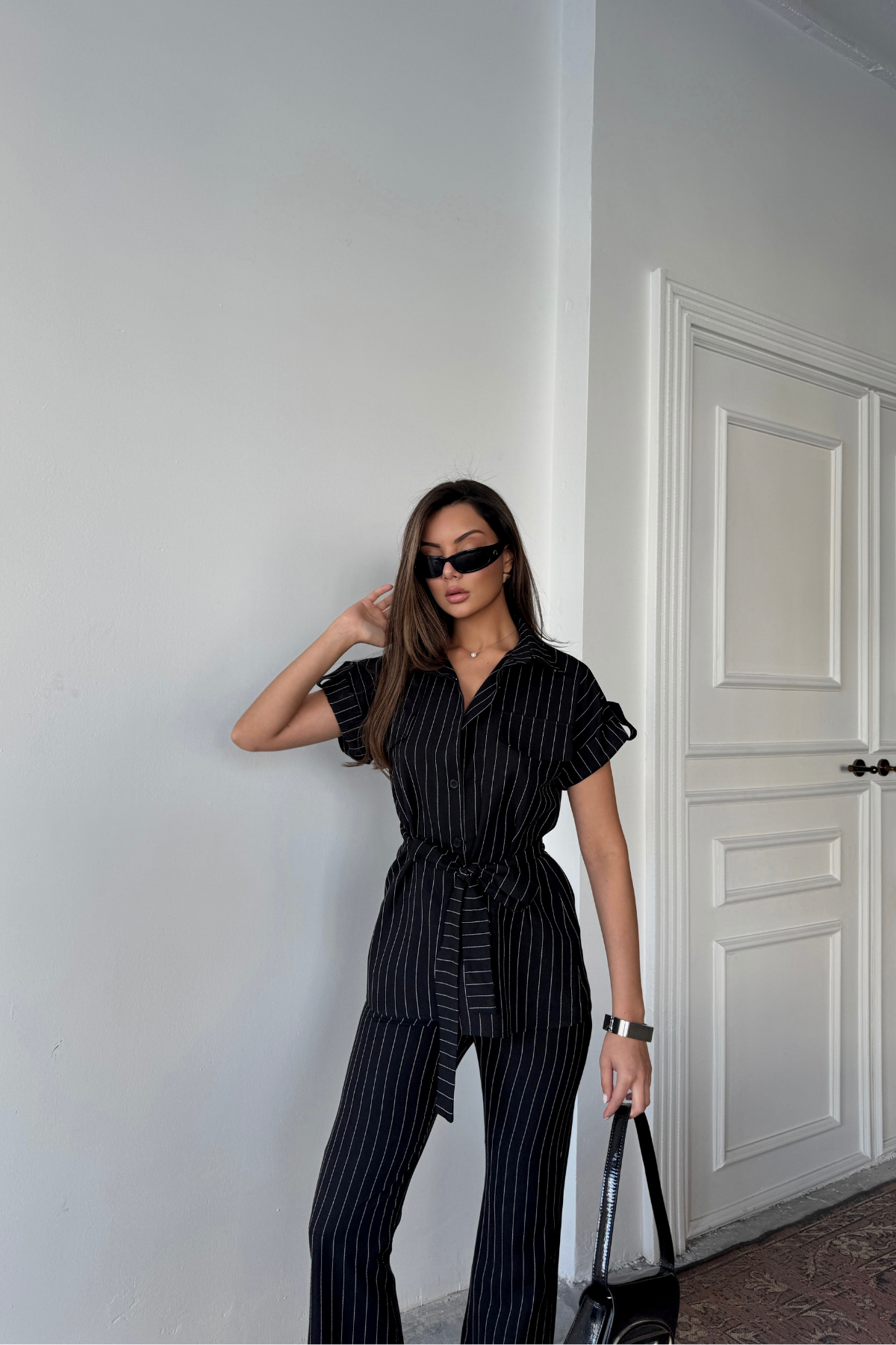 ÇİZGİLİ POLYVİSKON BLUZ - PANTOLON TAKIM - Siyah