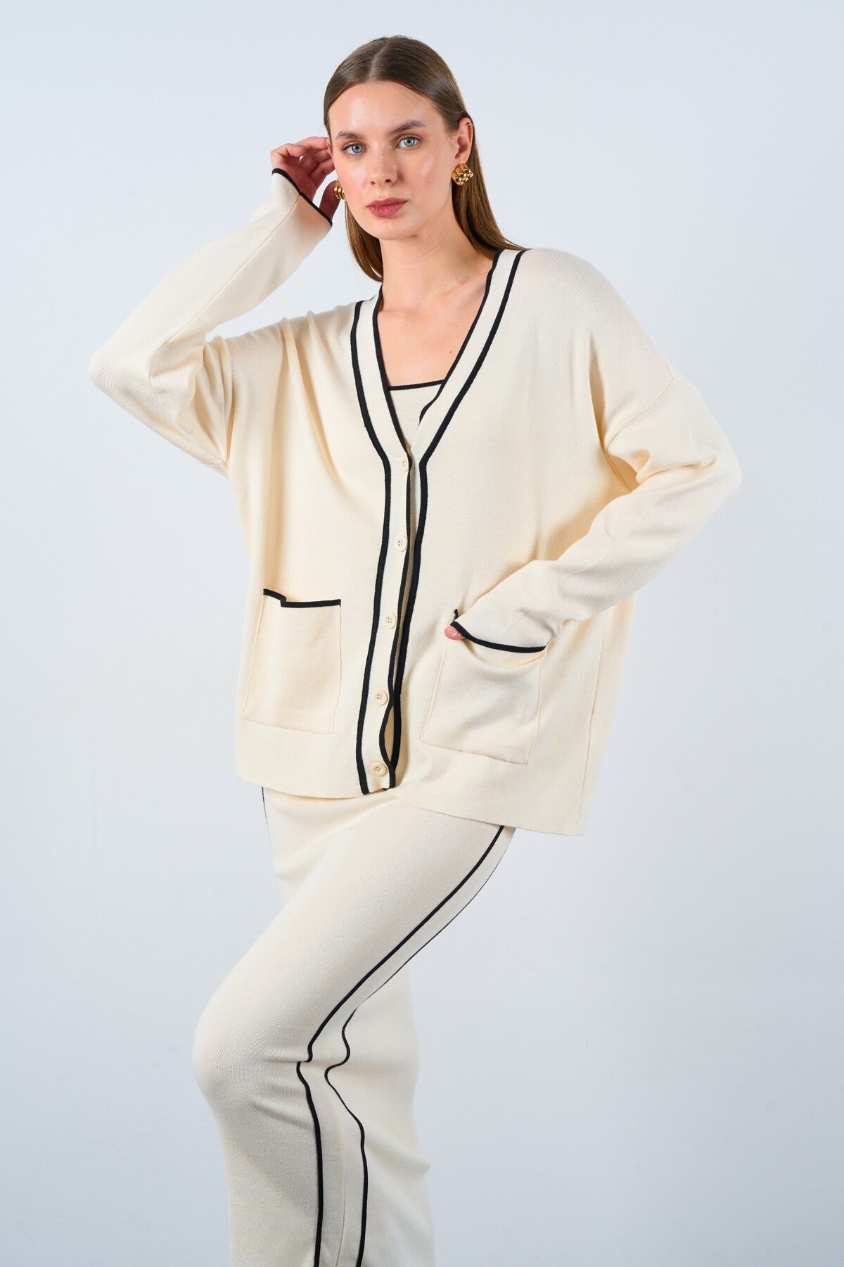 Cream-Black Striped Muslin 3-Piece Set
