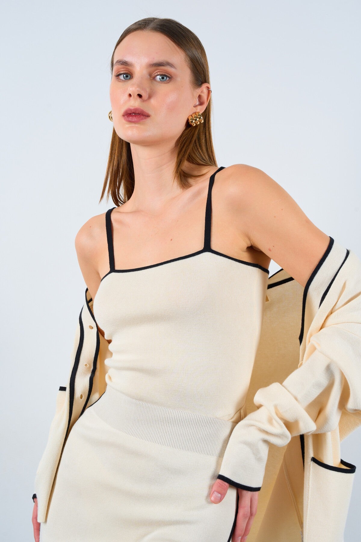 Cream-Black Striped Muslin 3-Piece Set