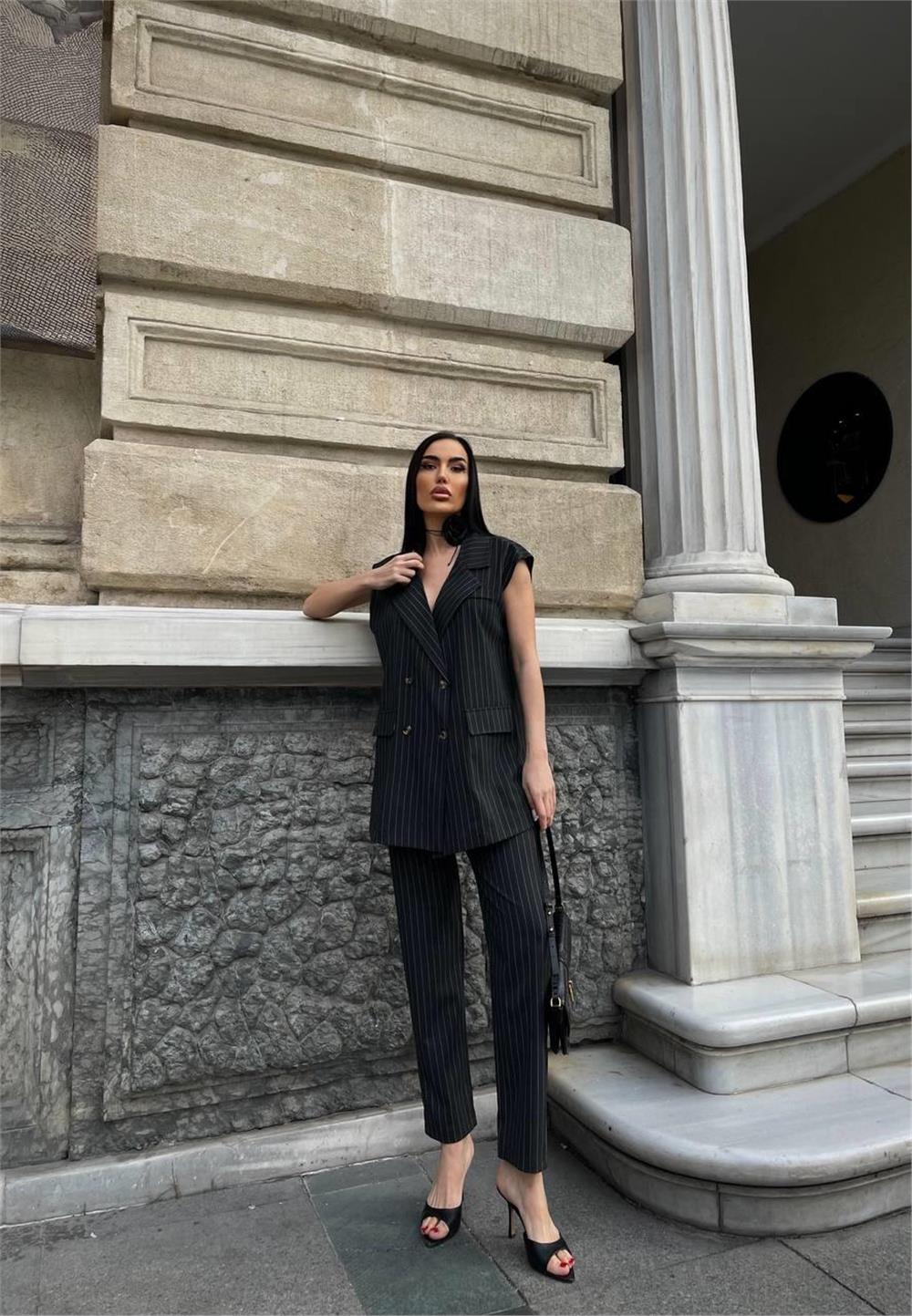 ÇİZGİLİ UZUN YELEK - PANTOLON TAKIM POLVİSCON - Antrasit