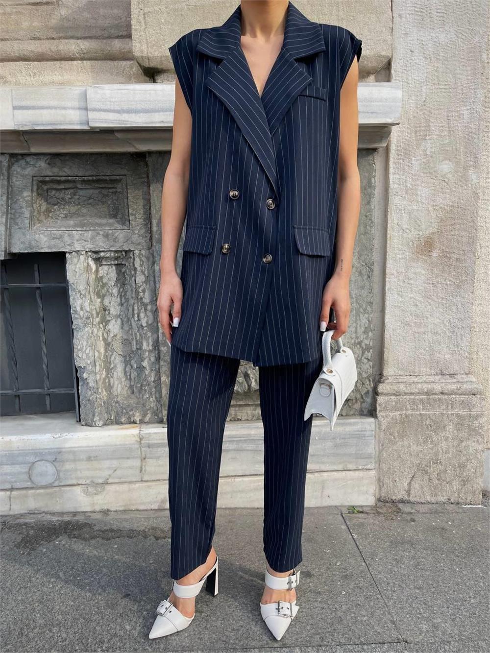 ÇİZGİLİ UZUN YELEK - PANTOLON TAKIM POLVİSCON - Lacivert