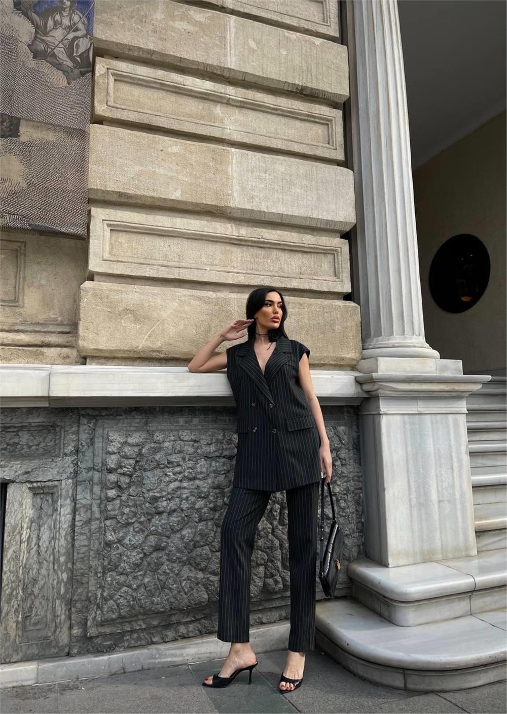 ÇİZGİLİ UZUN YELEK - PANTOLON TAKIM POLVİSCON - Antrasit