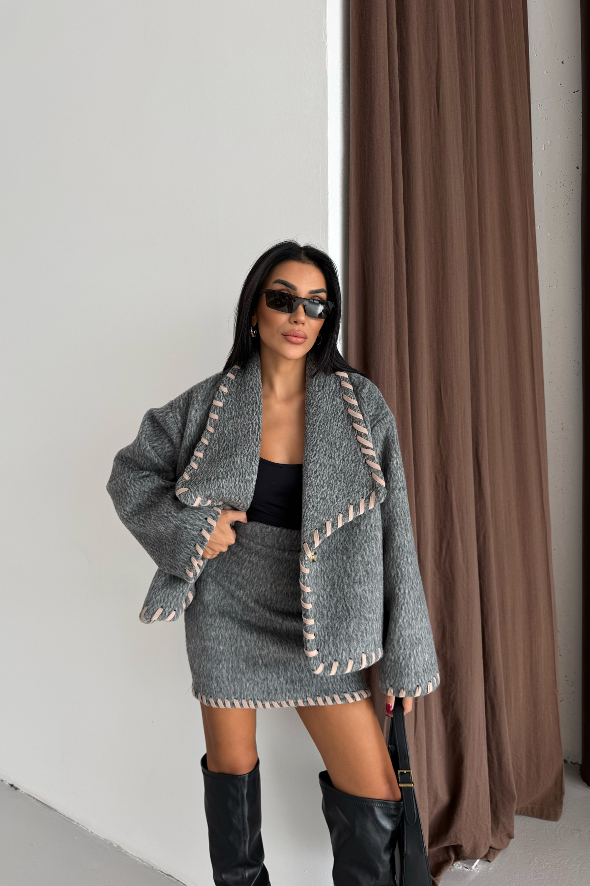 ÇOBAN DİKİŞLİ YÜN CROP CEKET - KISA ETEK TAKIM - Gri