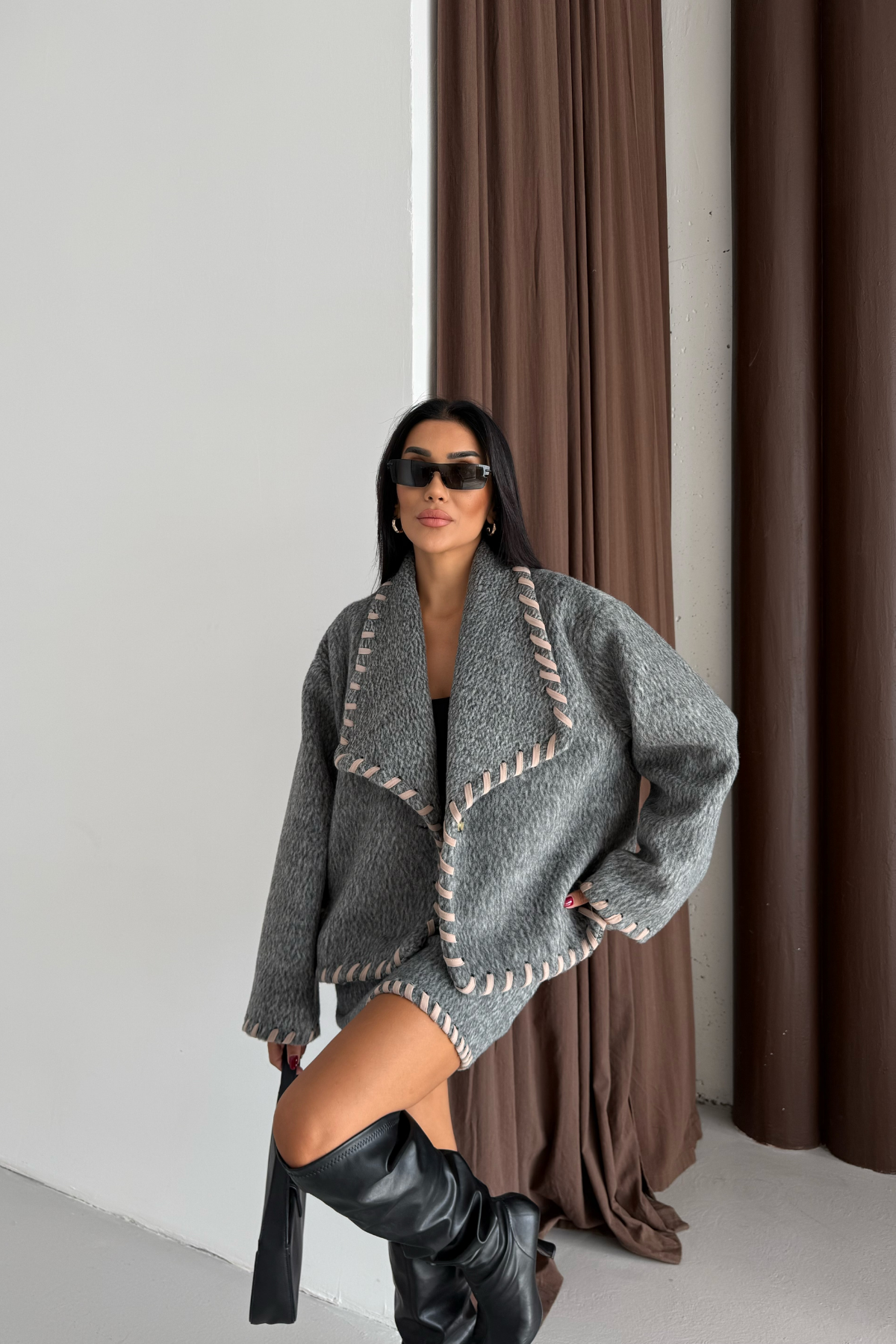 ÇOBAN DİKİŞLİ YÜN CROP CEKET - KISA ETEK TAKIM - Gri