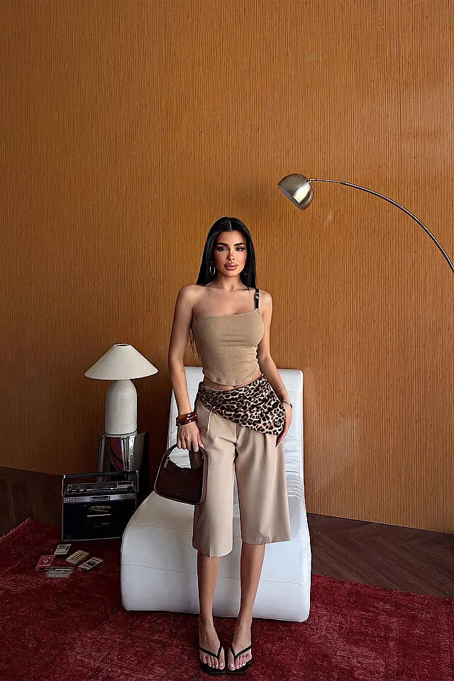Krem Kemer Detay Straplez Crop Top