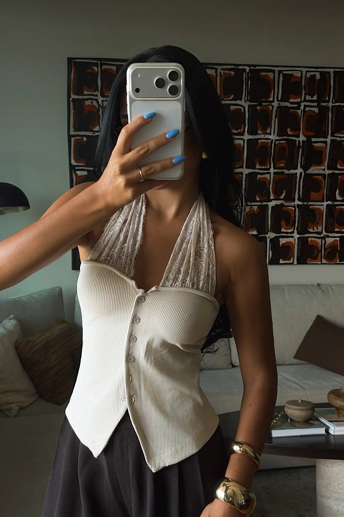 Krem Bağlamalı Dantel Detay Crop Top