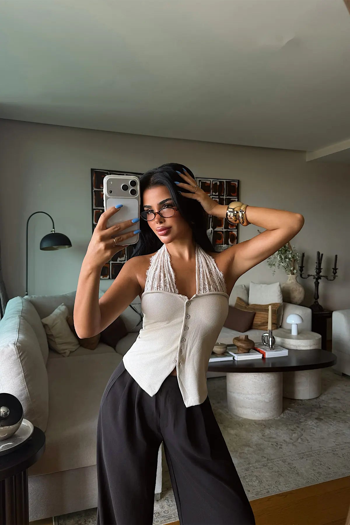 Krem Bağlamalı Dantel Detay Crop Top