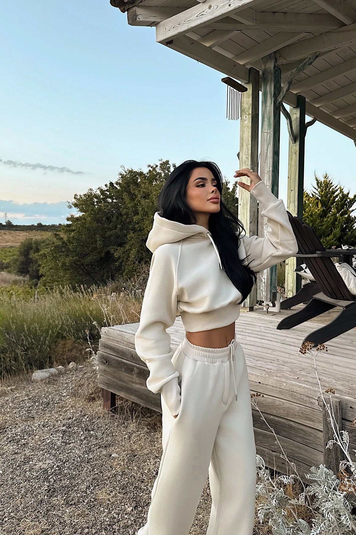 Krem Scarf Kapşonlu Eşofman Takım