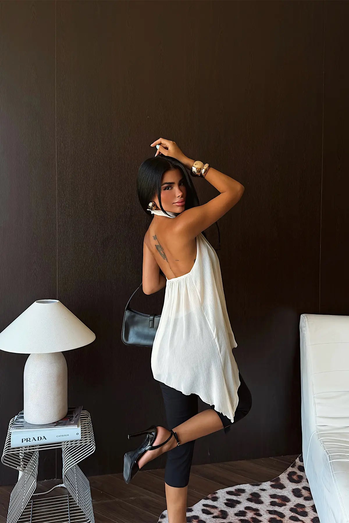Krem Tül Detay Crop Top