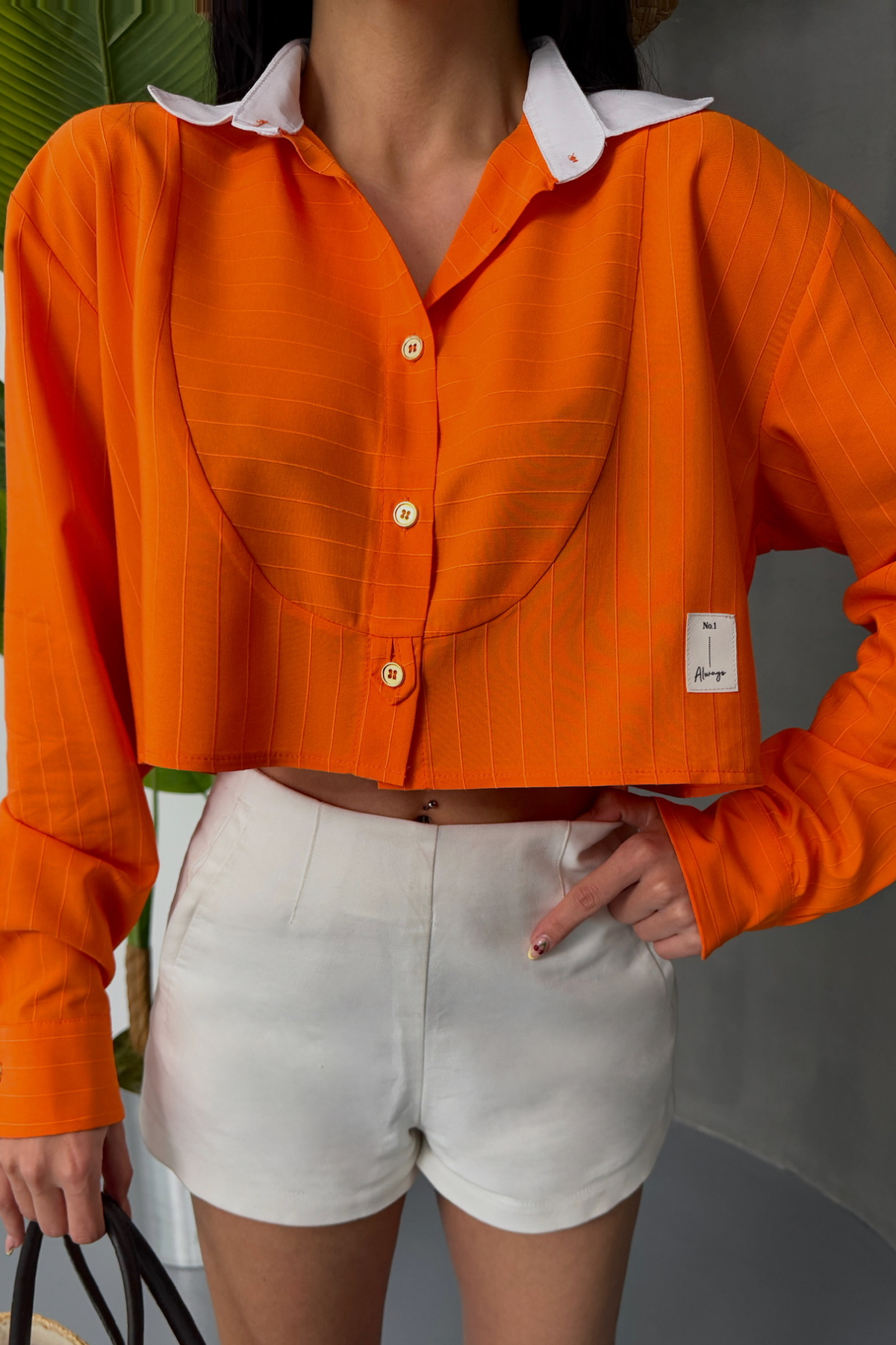 CROP GÖMLEK BEYAZ YAKA VE ETİKET DETAYLI - Orange