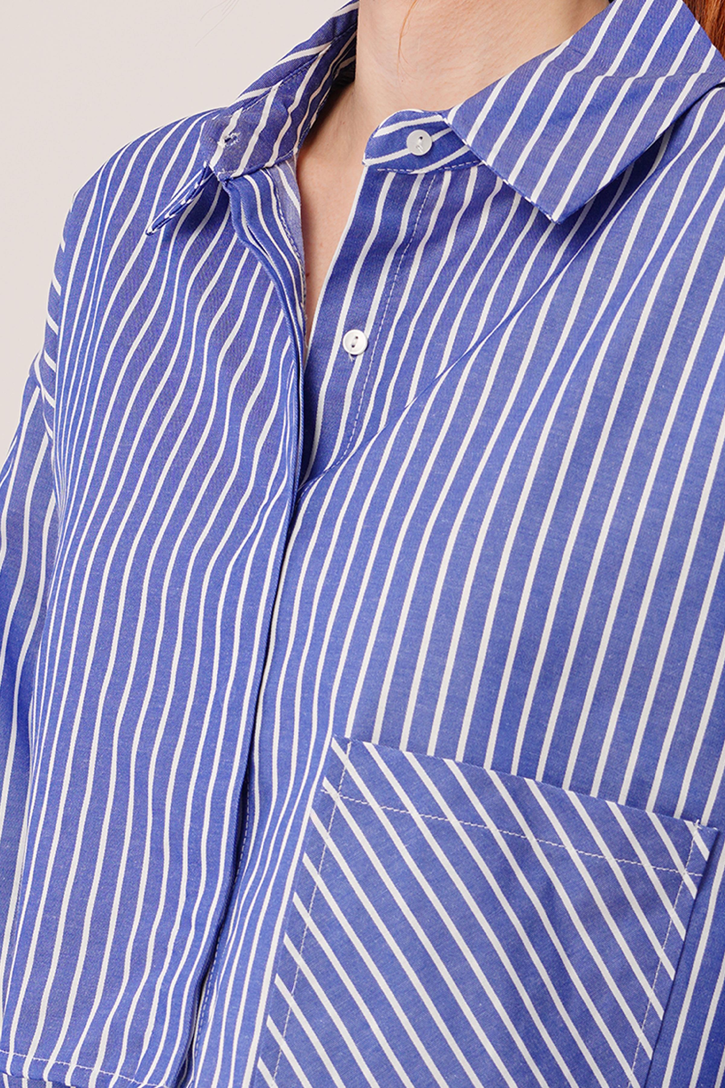 Crop Model Cepli Ve Çizgili Mavi Toptan Gömlek