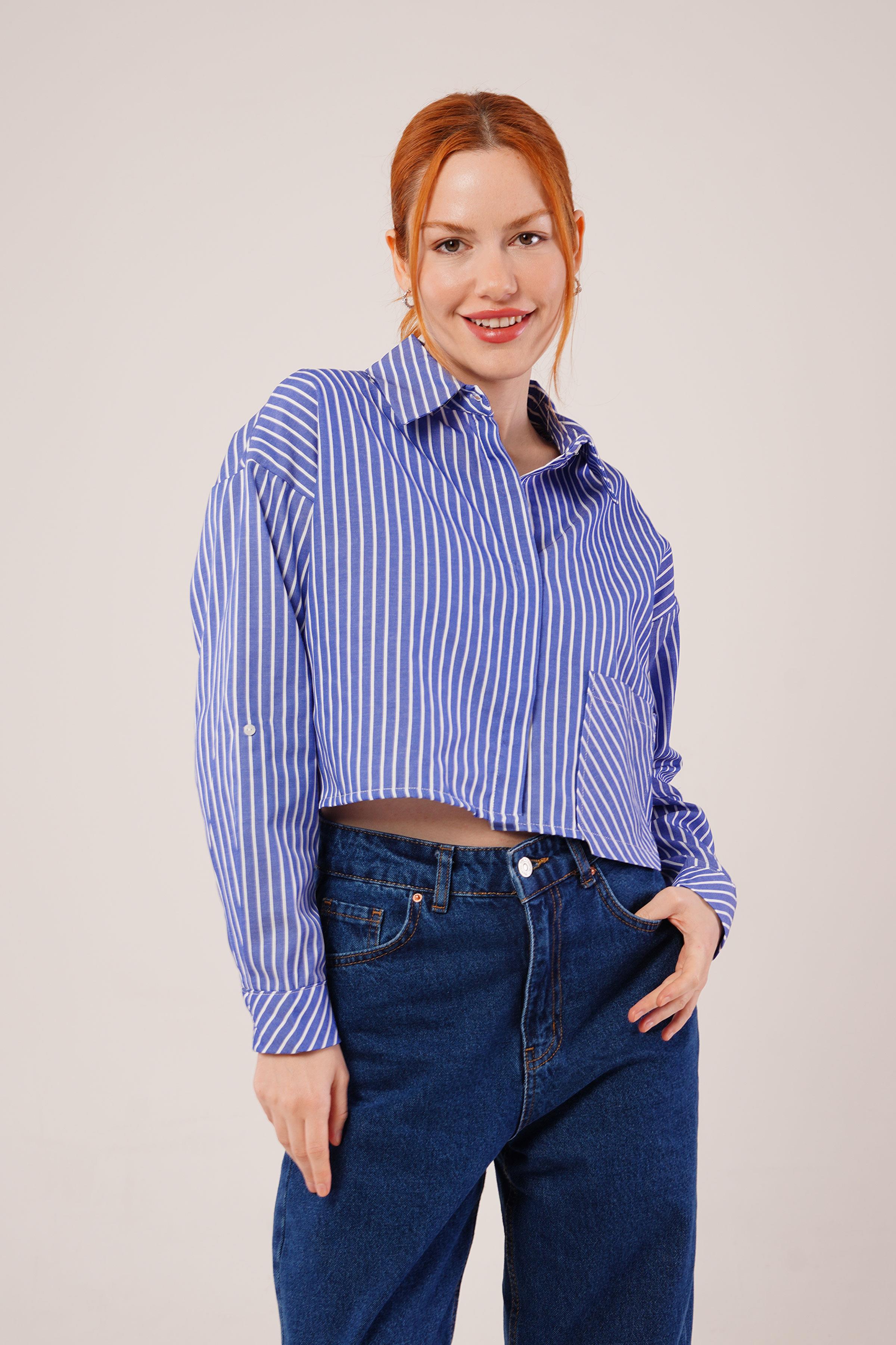 Crop Model Cepli Ve Çizgili Mavi Toptan Gömlek Mavi S