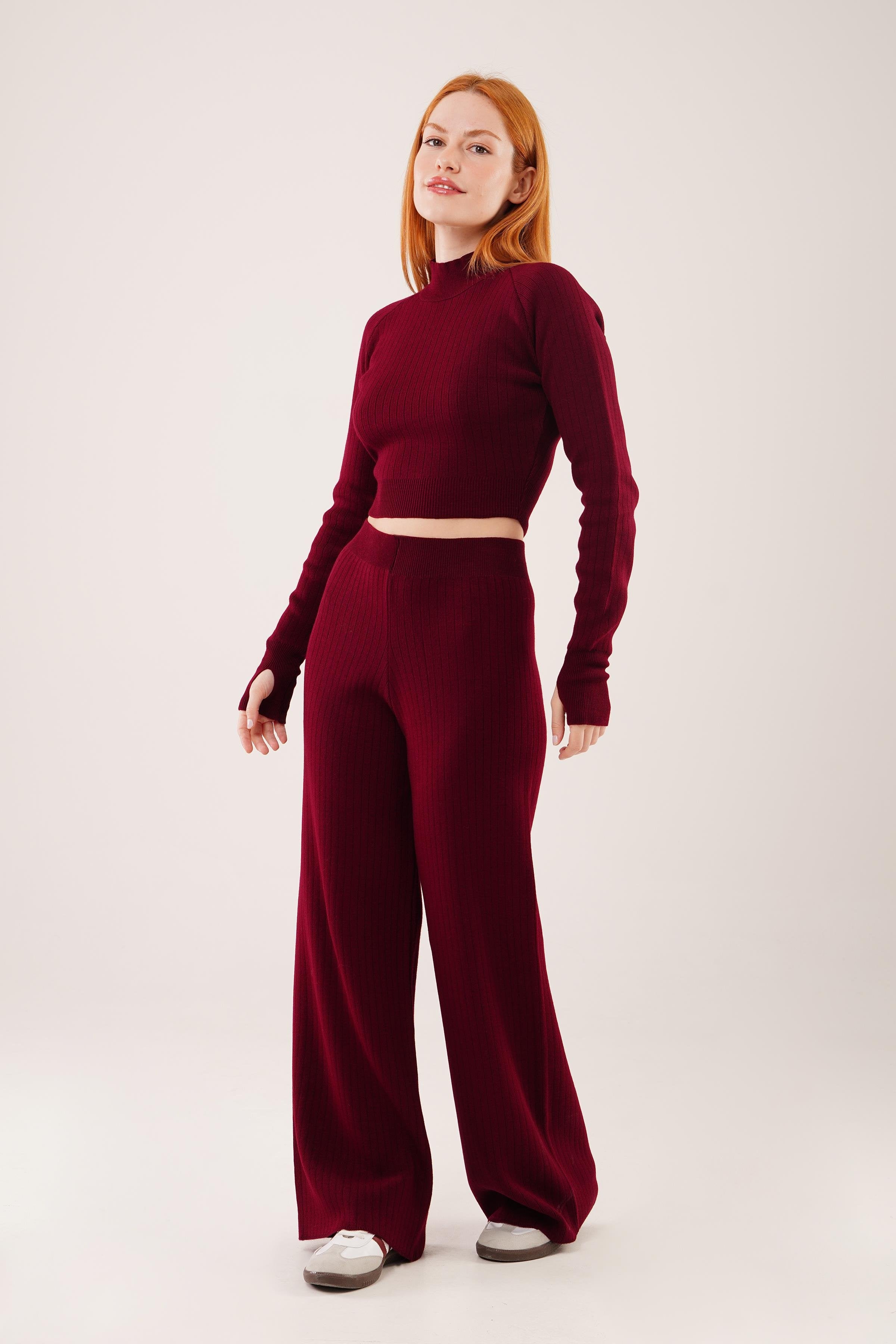 Crop Pantolon Düz Kesim Toptan Bordo Takım Bordo STD