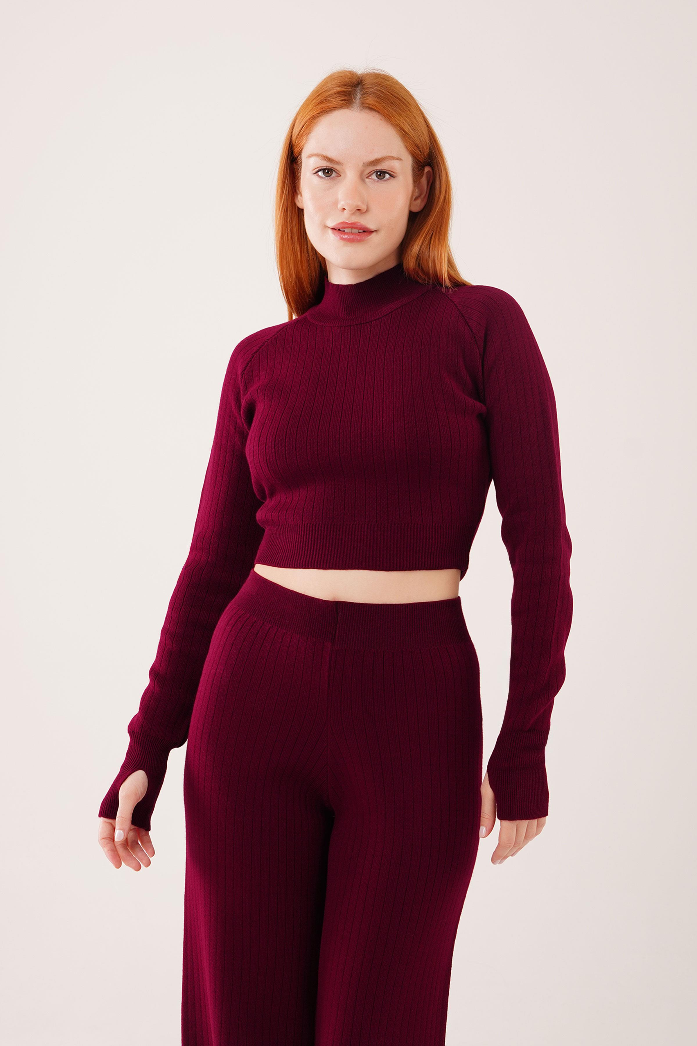Crop Pantolon Düz Kesim Toptan Bordo Takım