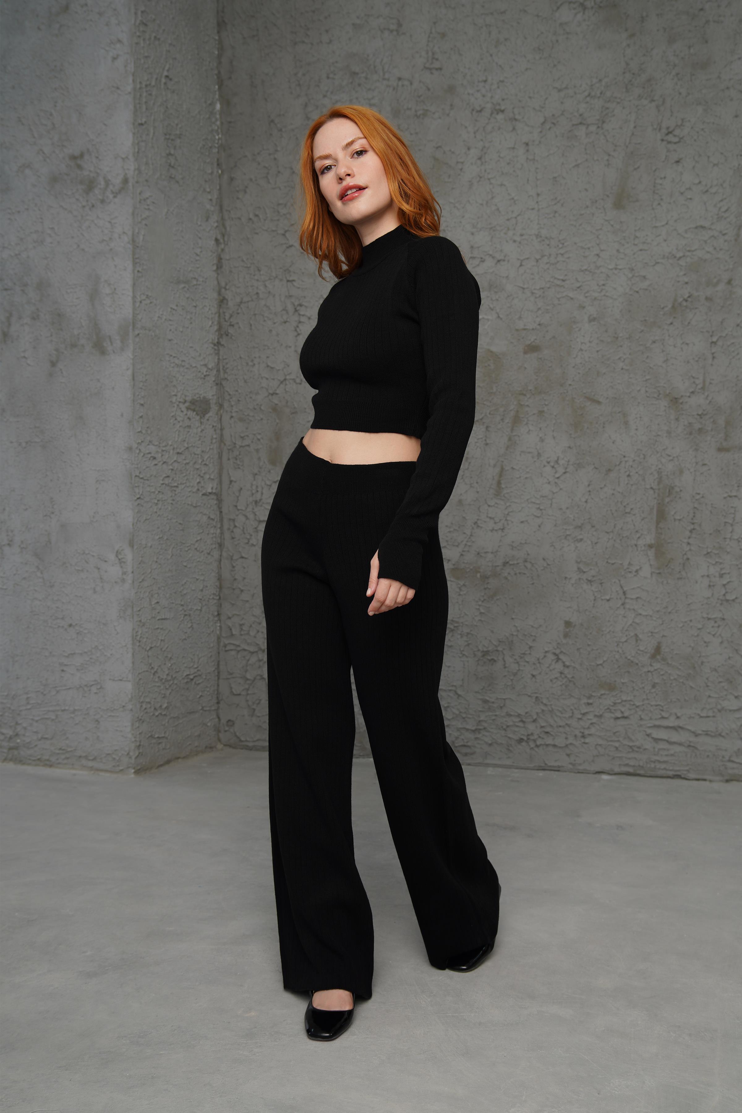 Crop Pantolon Düz Kesim Toptan Siyah Takım