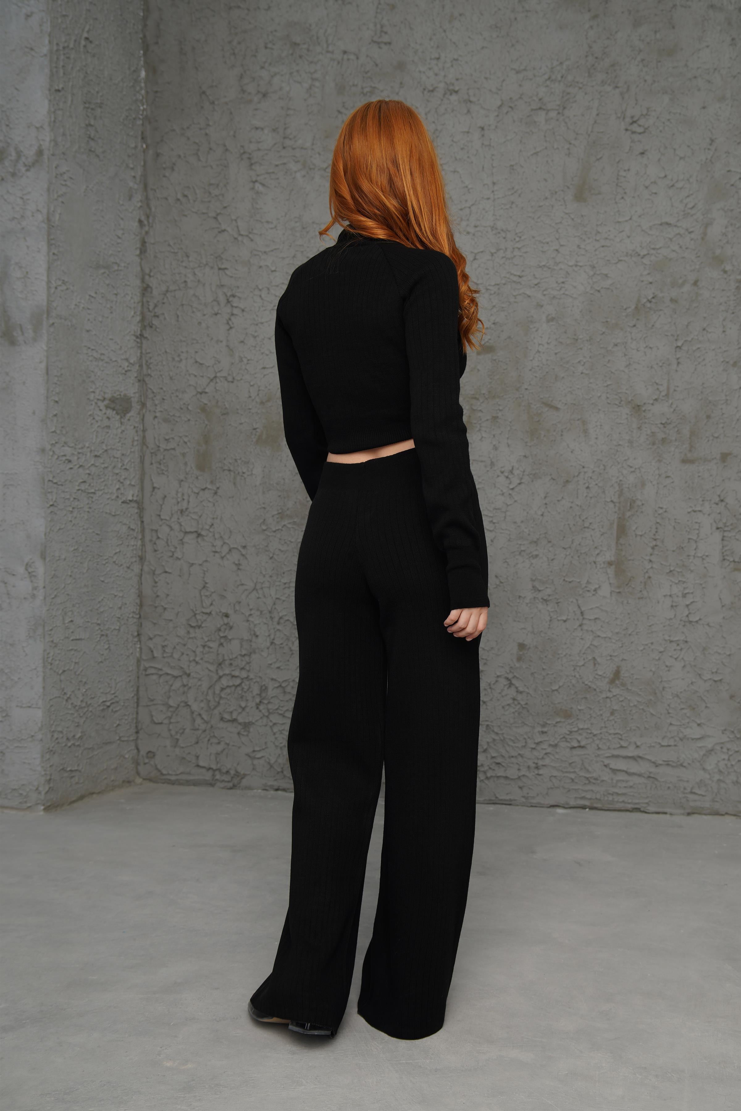Crop Pantolon Düz Kesim Toptan Siyah Takım