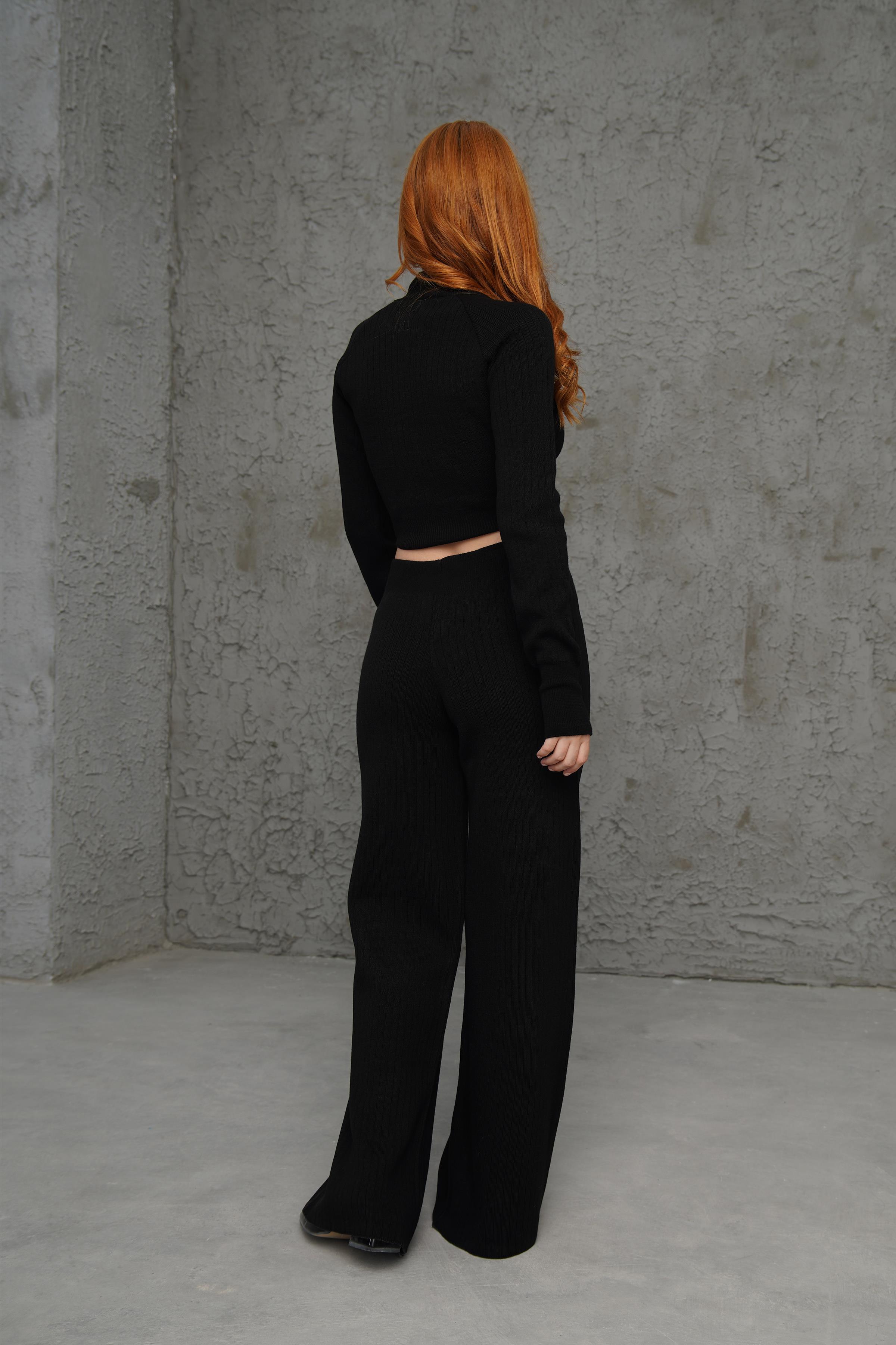 Crop Pantolon Düz Kesim Toptan Siyah Takım