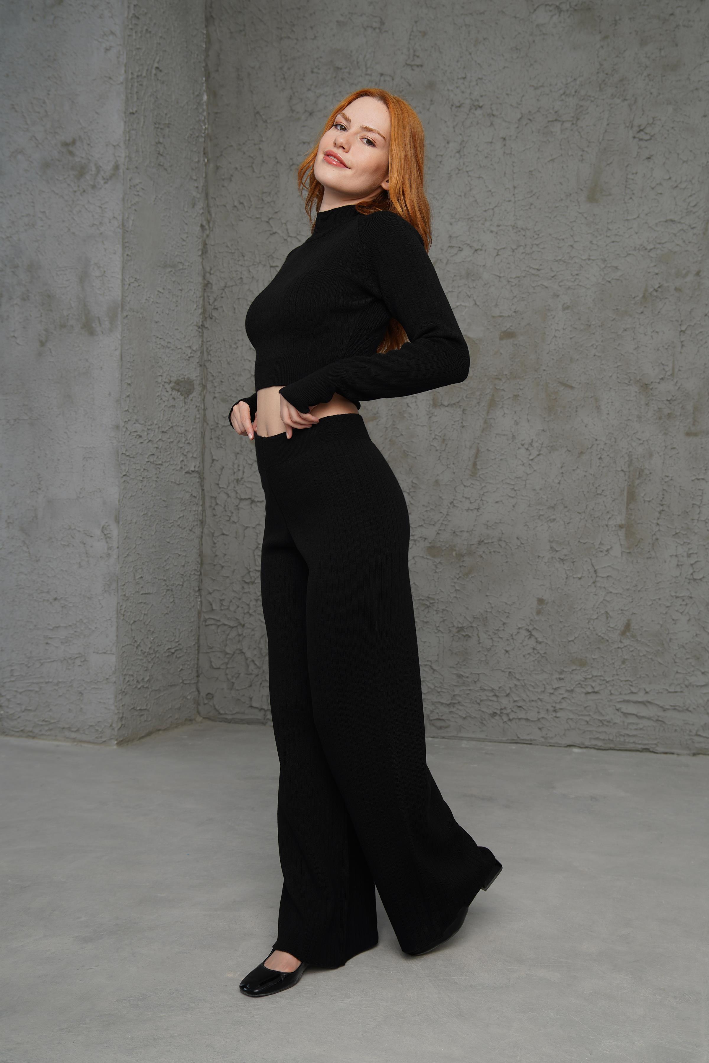 Crop Pantolon Düz Kesim Toptan Siyah Takım