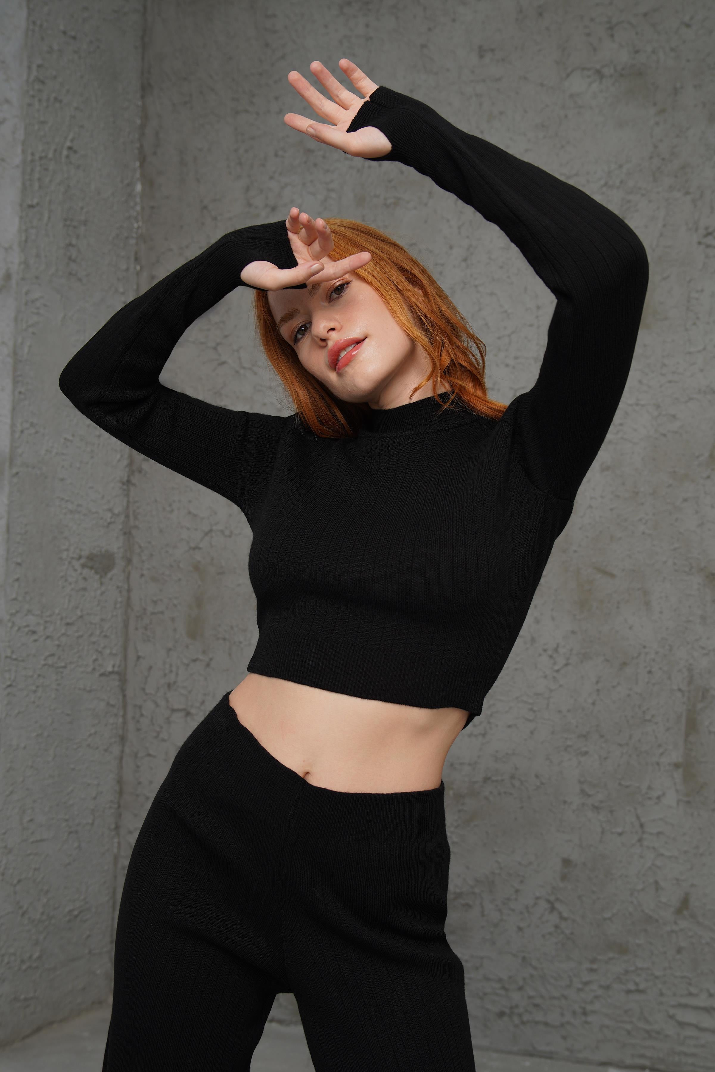 Crop Pantolon Düz Kesim Toptan Siyah Takım
