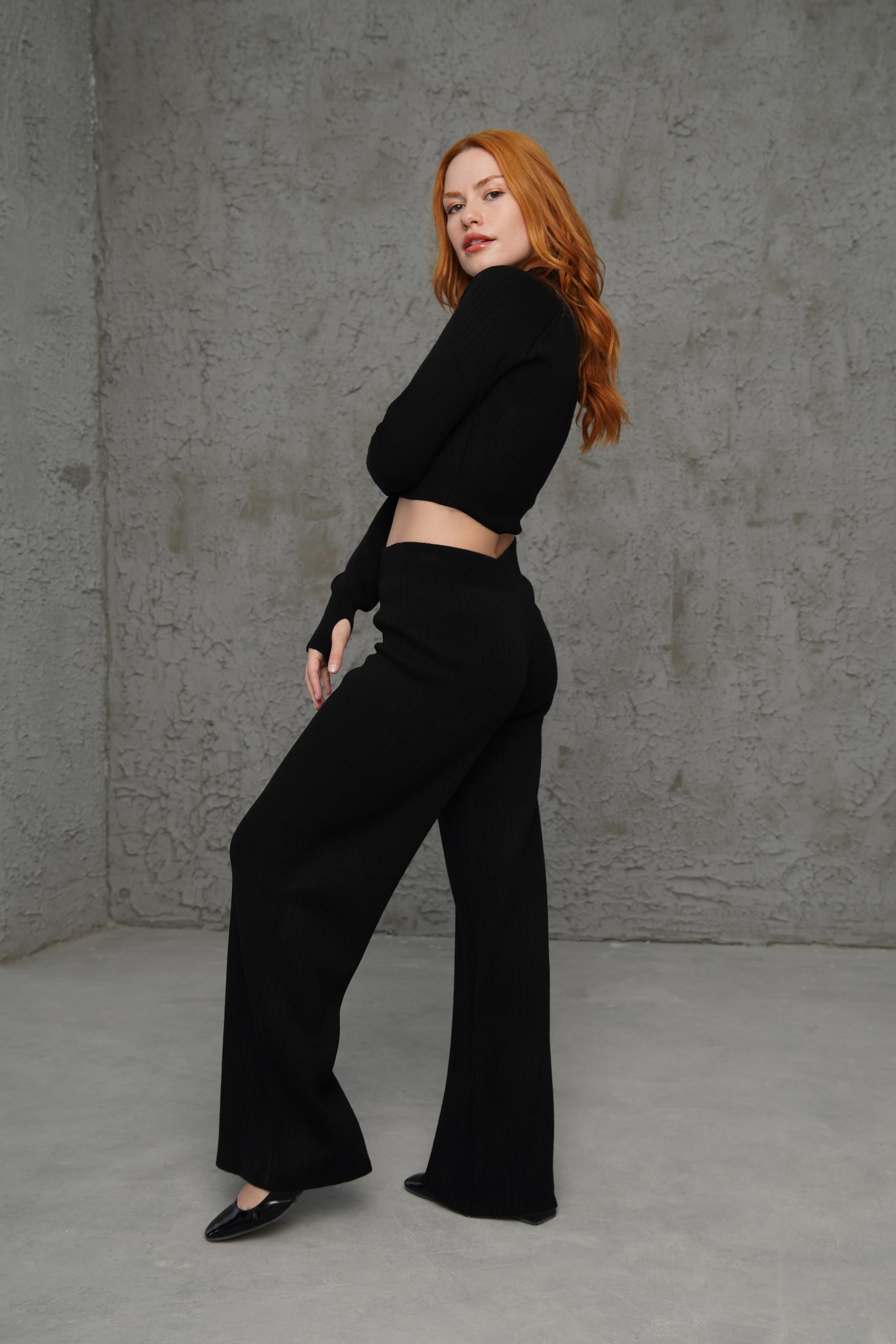 Crop Pantolon Düz Kesim Toptan Siyah Takım